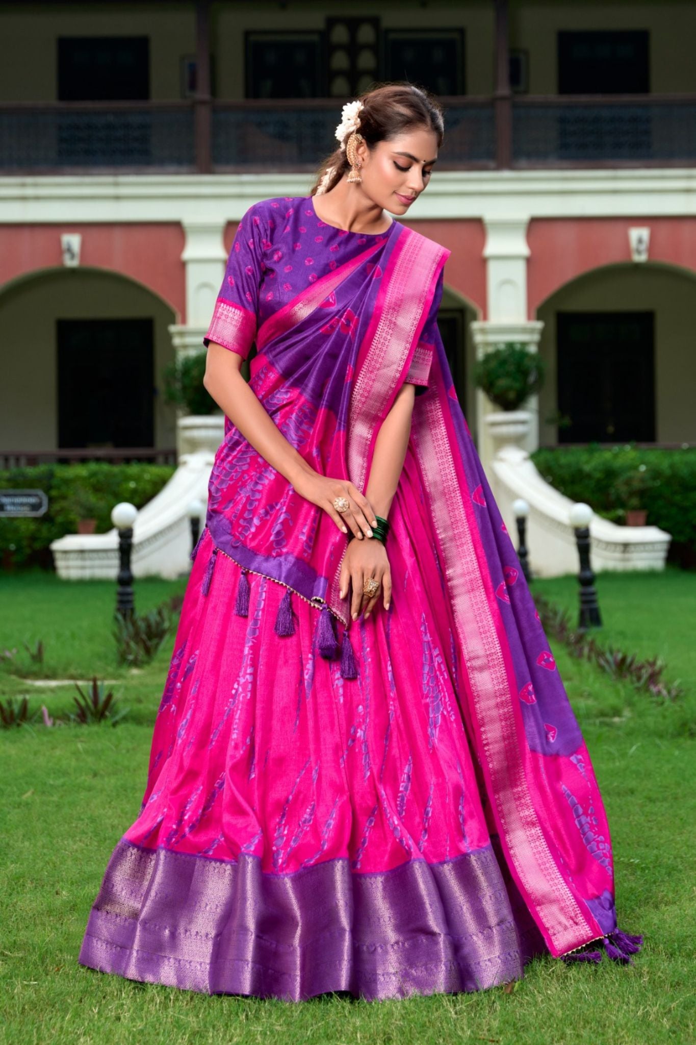 Bandhej With Shibori Printed Dola Silk Lehenga Choli