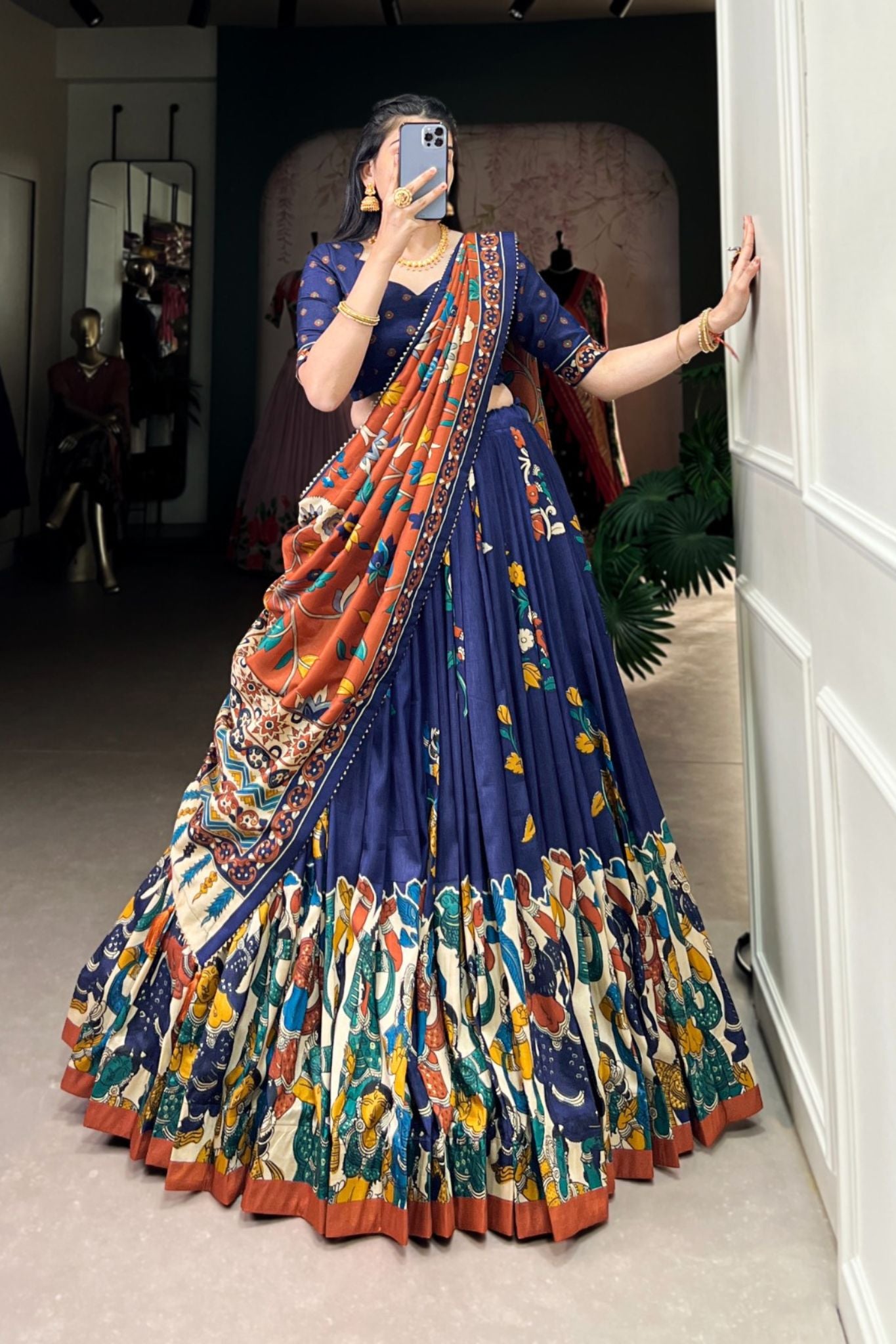 Kalamkari Printed Tussar Silk  Traditional Lehenga Choli