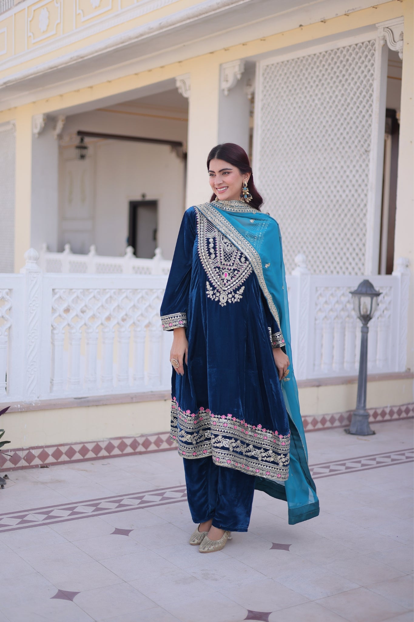 Designer Velvet Kurta Suit With Rich Zari And Thread Embroidery