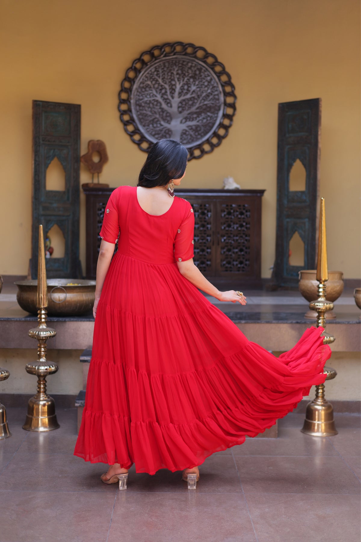 Rani Pink & Red Faux Blooming Designer Sequins Embroidered Tiered Flared Anarkali Gown