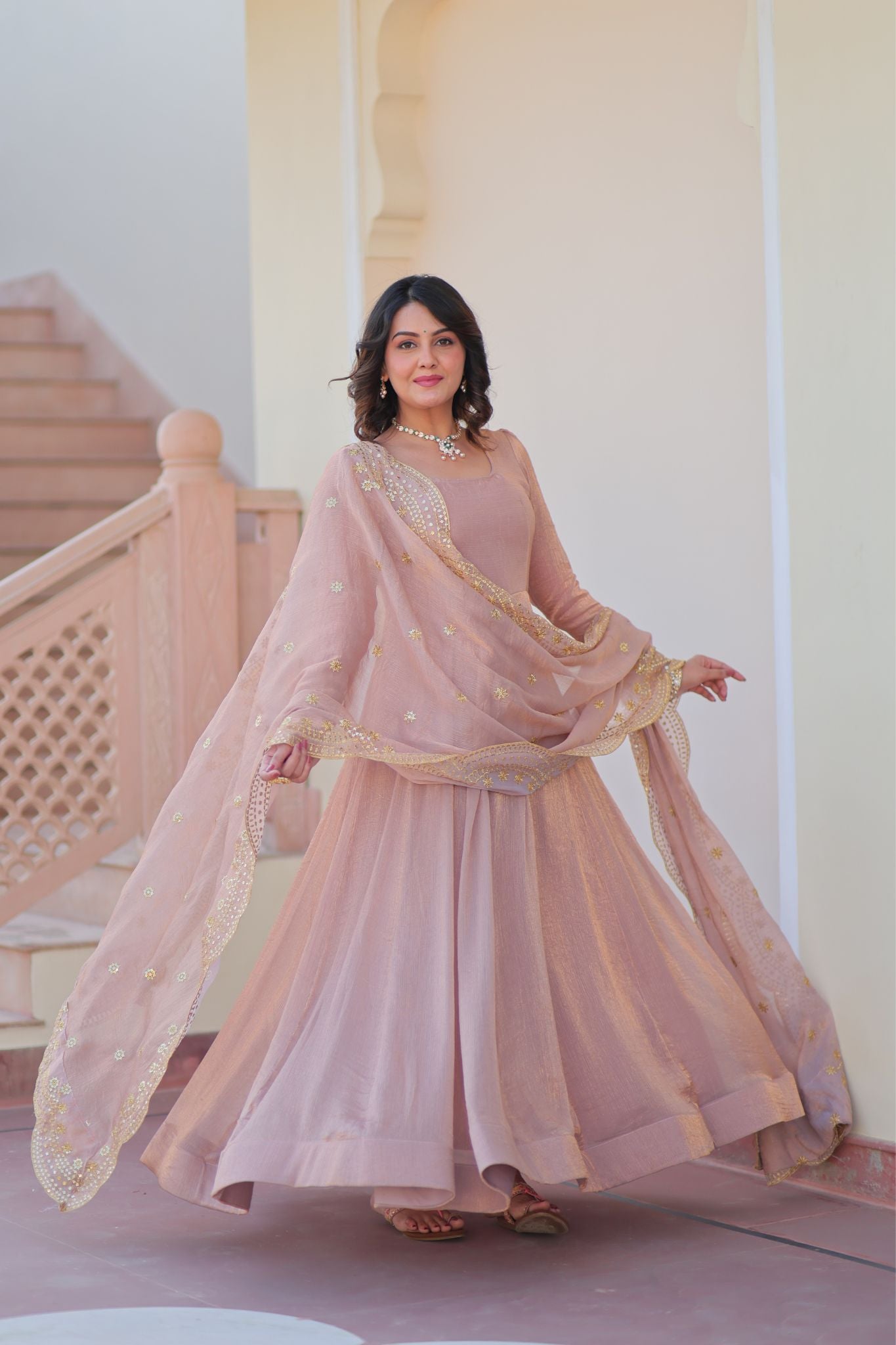 Elegance Sequins Beautiful Multi Embroidered Work Gown With Dupatta