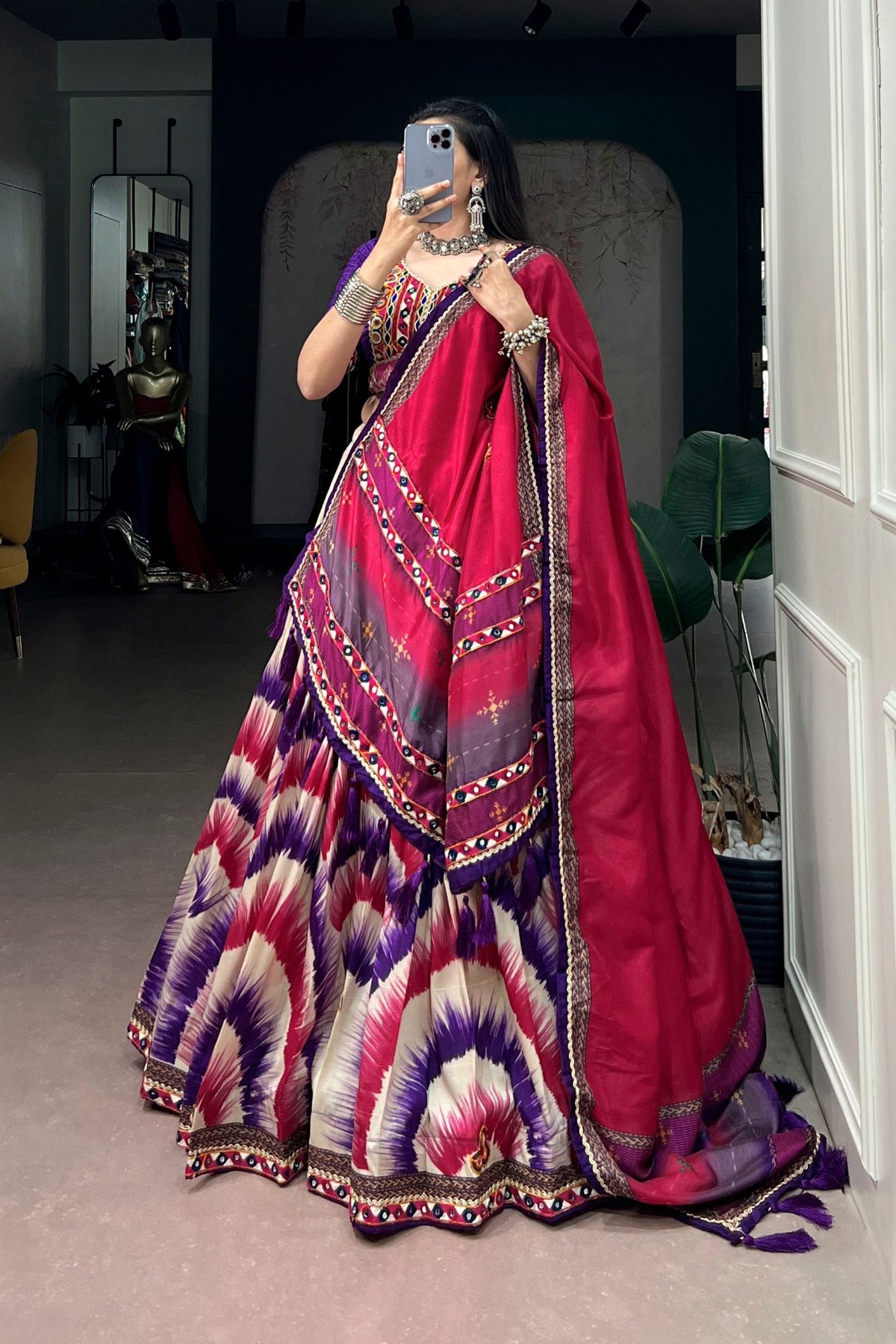 Tasar Silk Tie & Dye With Gamthi Work Navratri Lehenga Choli
