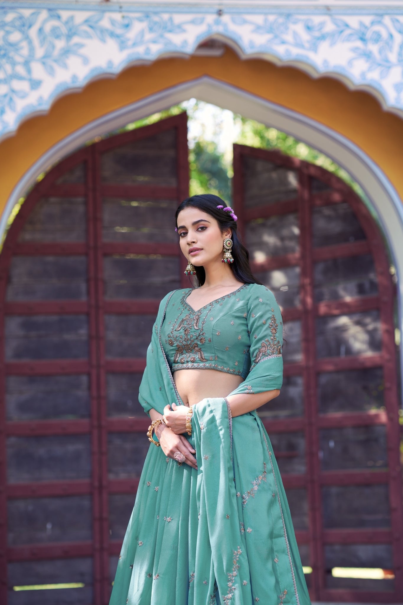 Premium Sky Blue Star Georgette Lehenga Choli Set For Women