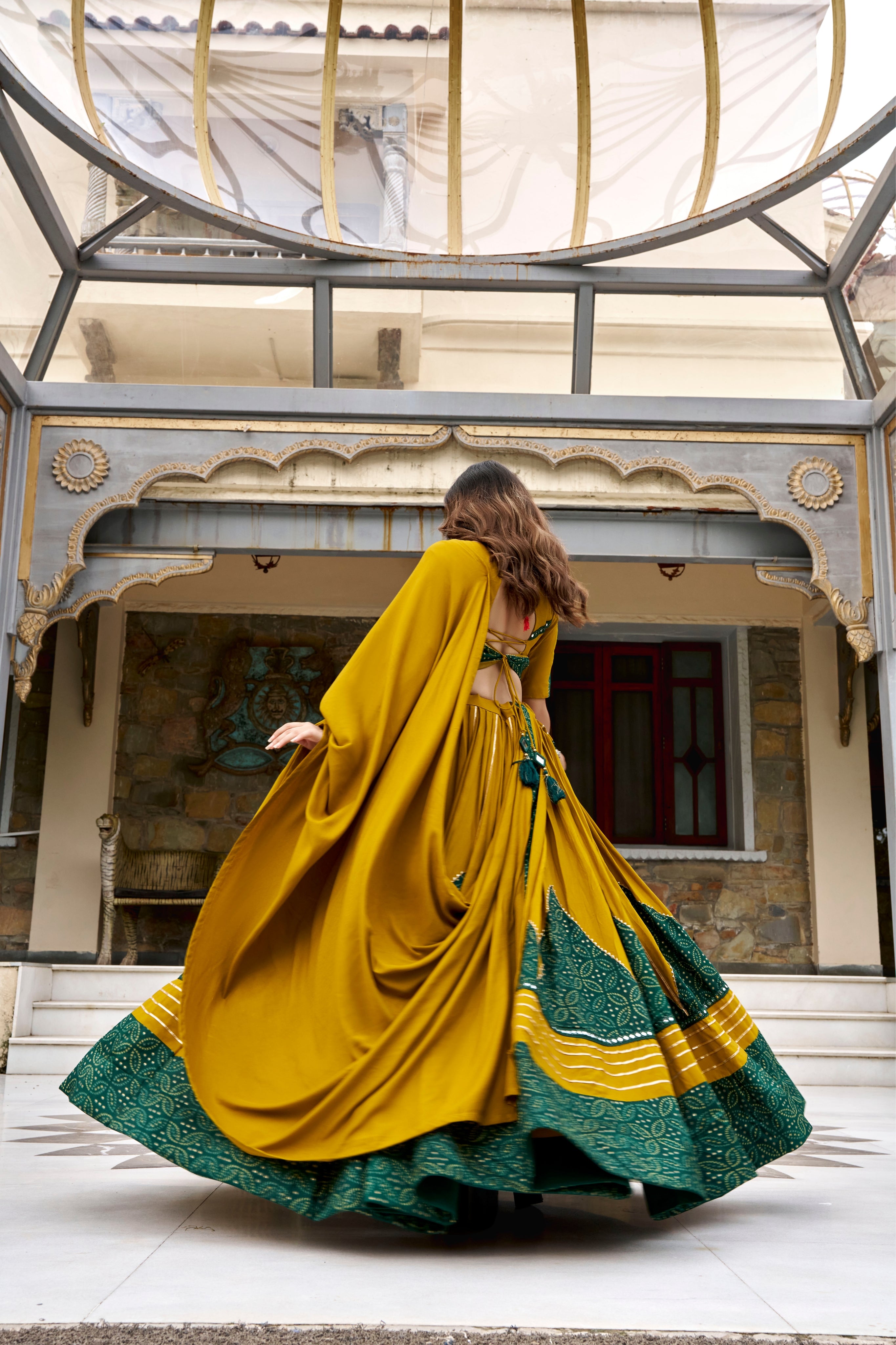 Raasrang Mustard Yellow & Bottle Green Pure Rayon Gotta Patti Mirror Work Lehenga Choli