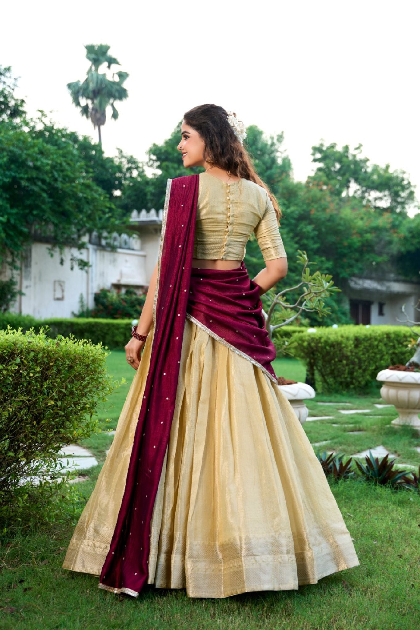 Kanchipuram Silk Lehenga Collection Green, Beige, and Pink with Contrasting Dupattas