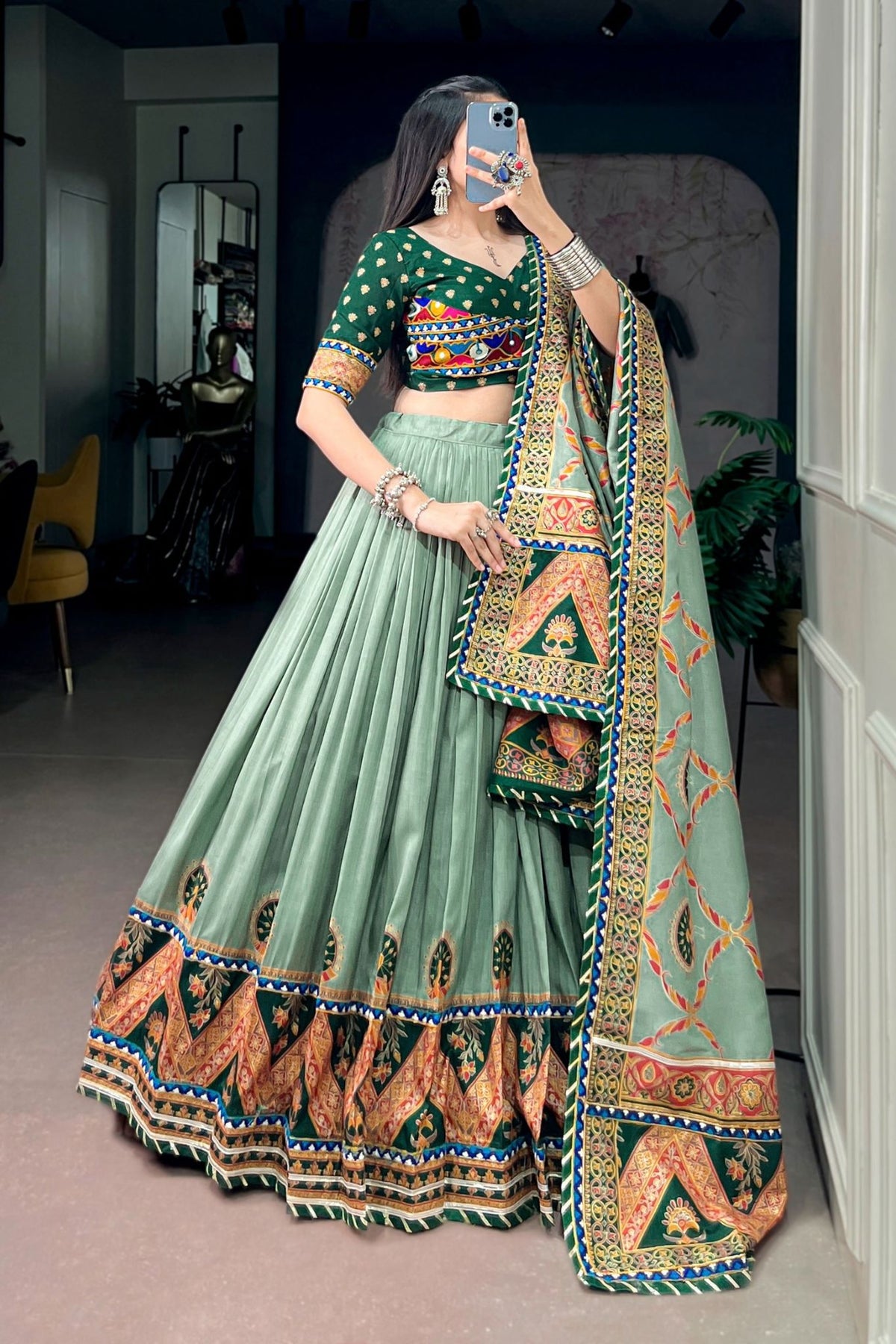 Tasar Silk Gamthi Work Designer Navratri Lehenga Choli