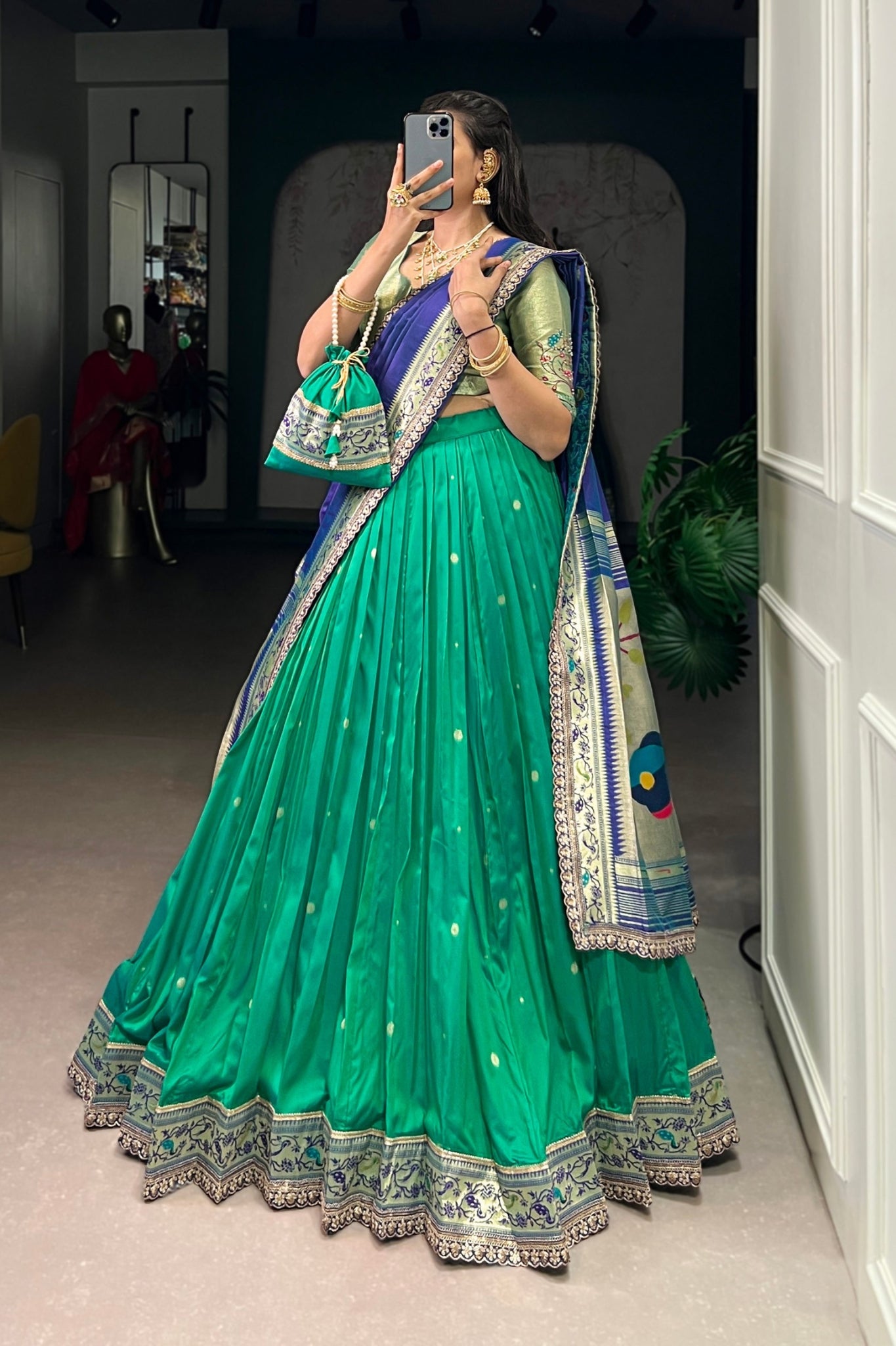 Designer Premium Paithani Soft Silk Zari Weaving Sequins With Thread Embroidery Lehenga Set