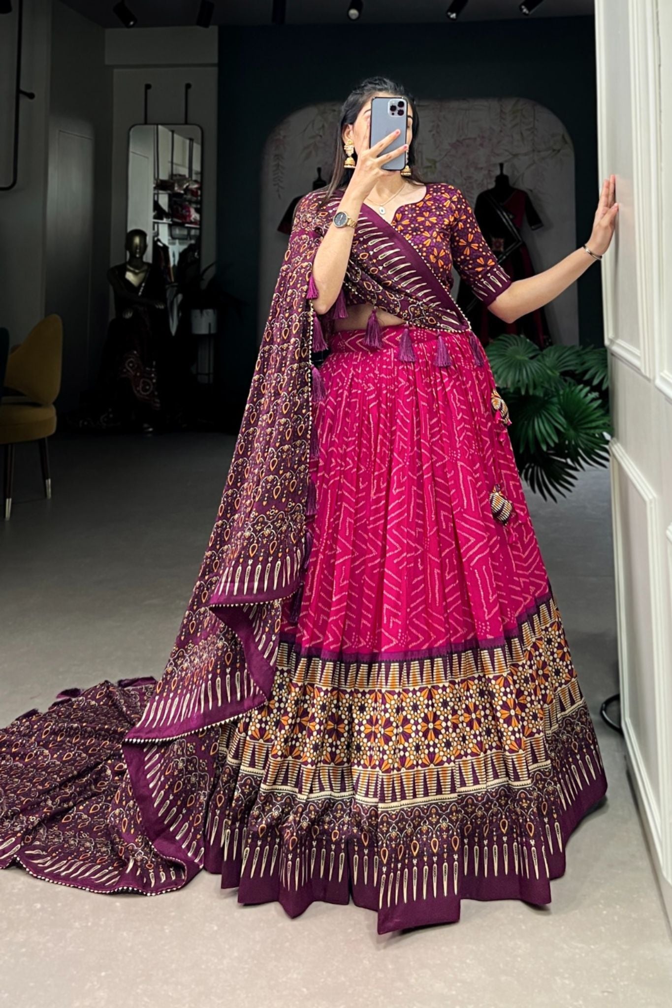 Bandhej With Ajarakh Print Silk Lehenga Choli