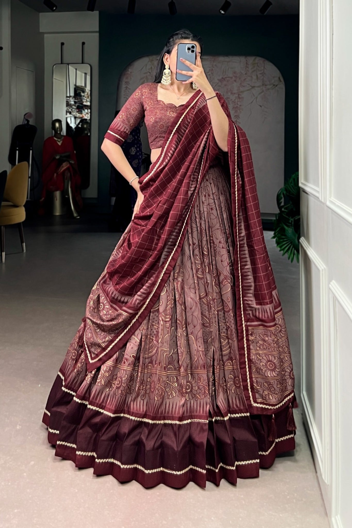 Festive Kalamkari Printed Tasar Silk Lehenga Choli With Dupatta