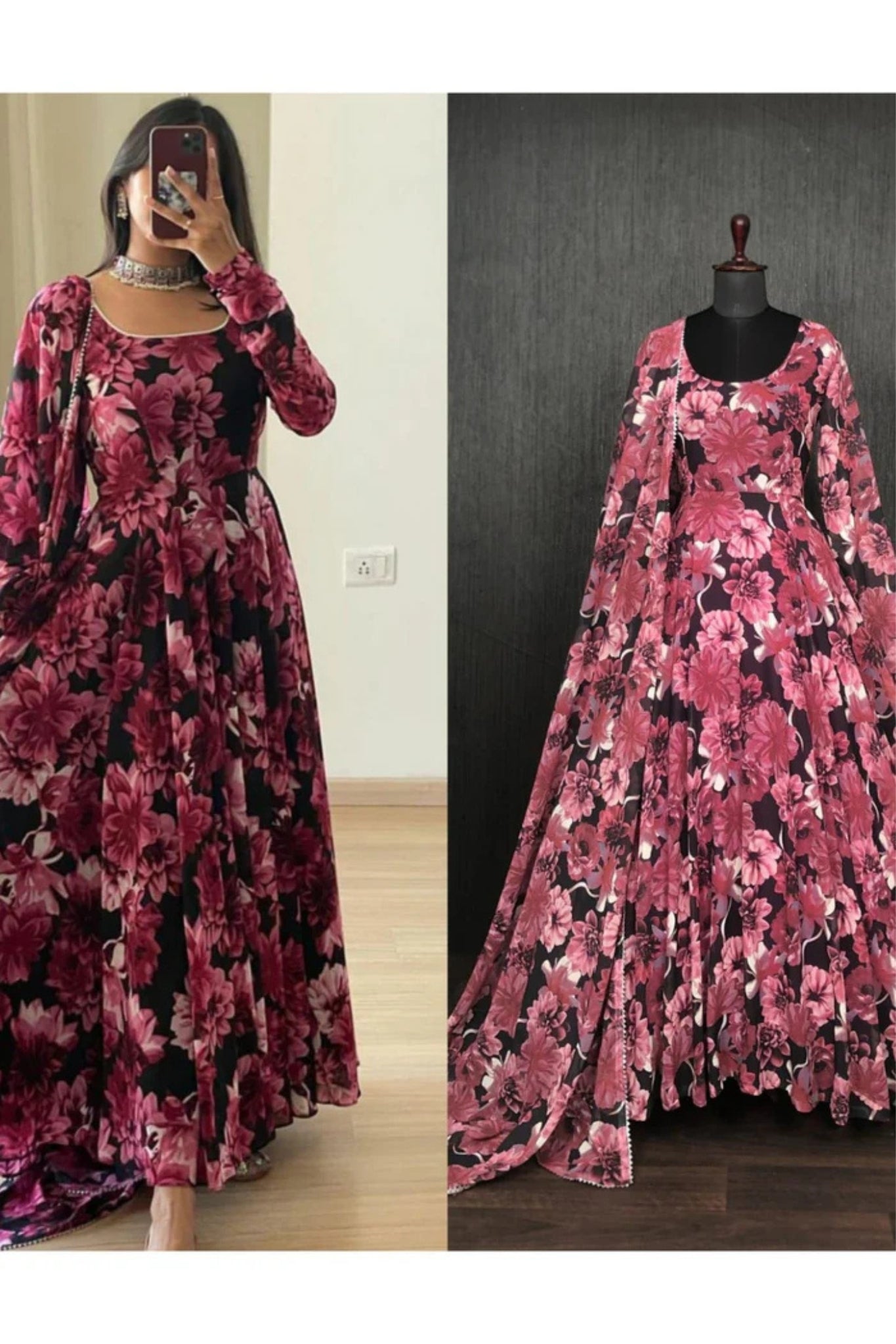 Readymade Pink Flower Premium Gown With Dupatta Set