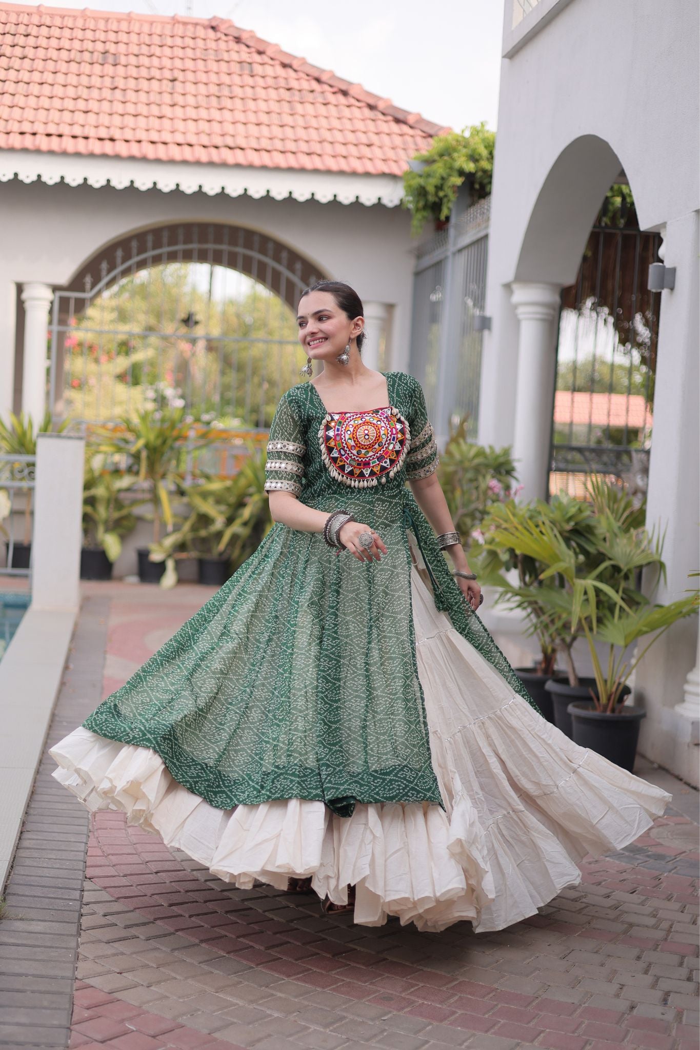 Raasrang Navratri Designer Kora Cotton Lehenga With Kutchi Patchwork Bandhani Print Kurti For Garba & Dandiya