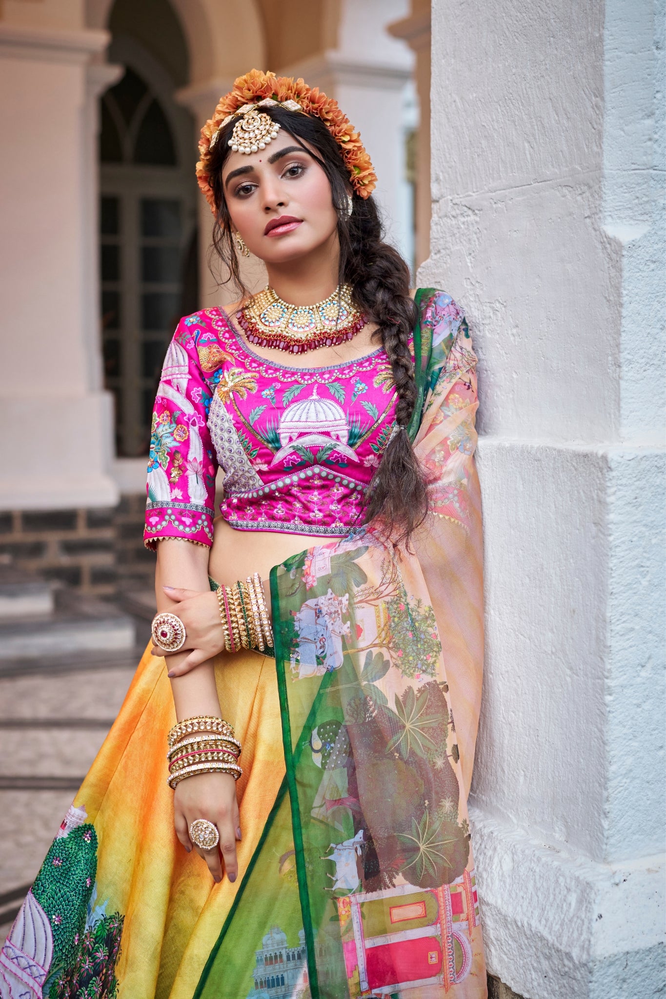 Royal Yellow Art Silk Heritage Lehenga Set With Architectural Digital Prints Organza Dupatta