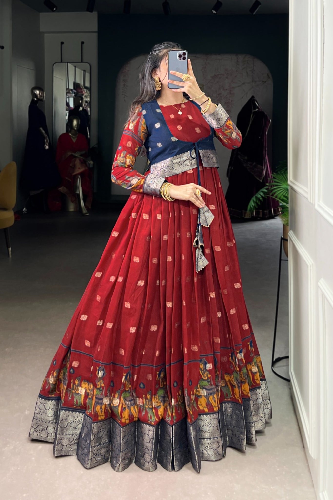 Kalamkari Printed Poly Cotton Zari Weaving Work Designer Gown