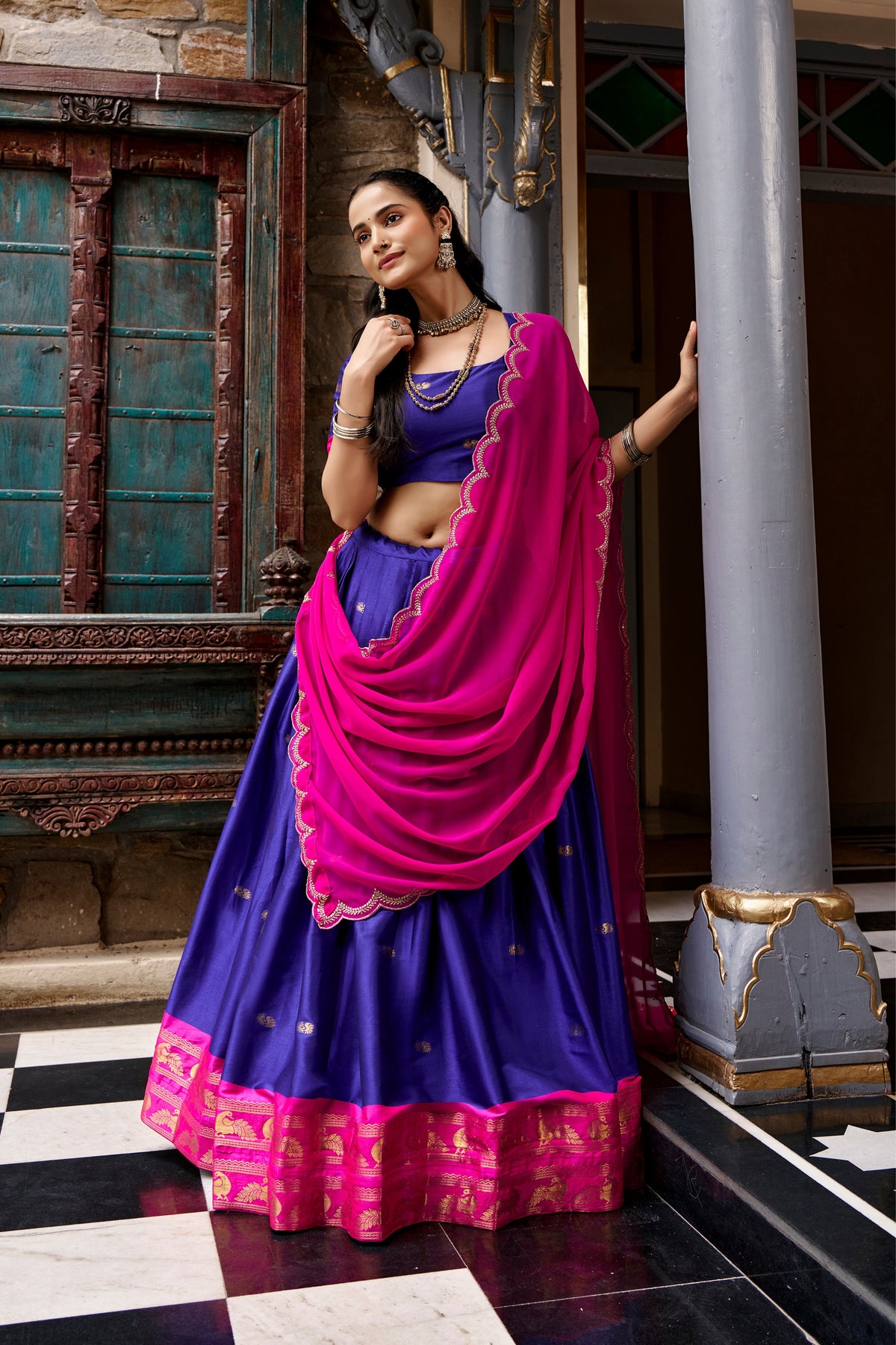 Buy South Indian Cotton Silk Lehenga Choli With Zari Woven Border