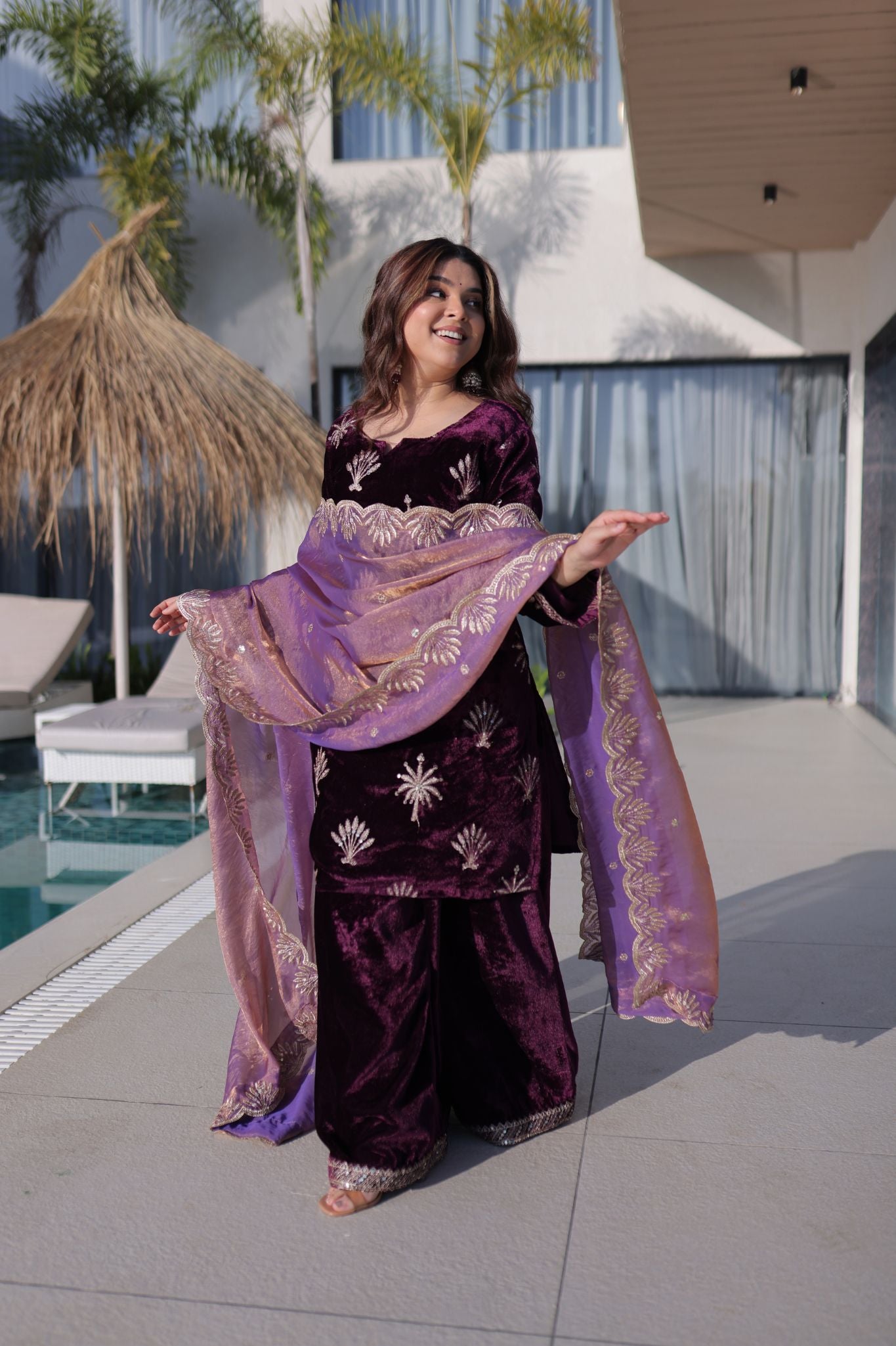 Royal Plum Ice Velvet Zari Embroidered Kurta Palazzo Set With Designer Dupatta