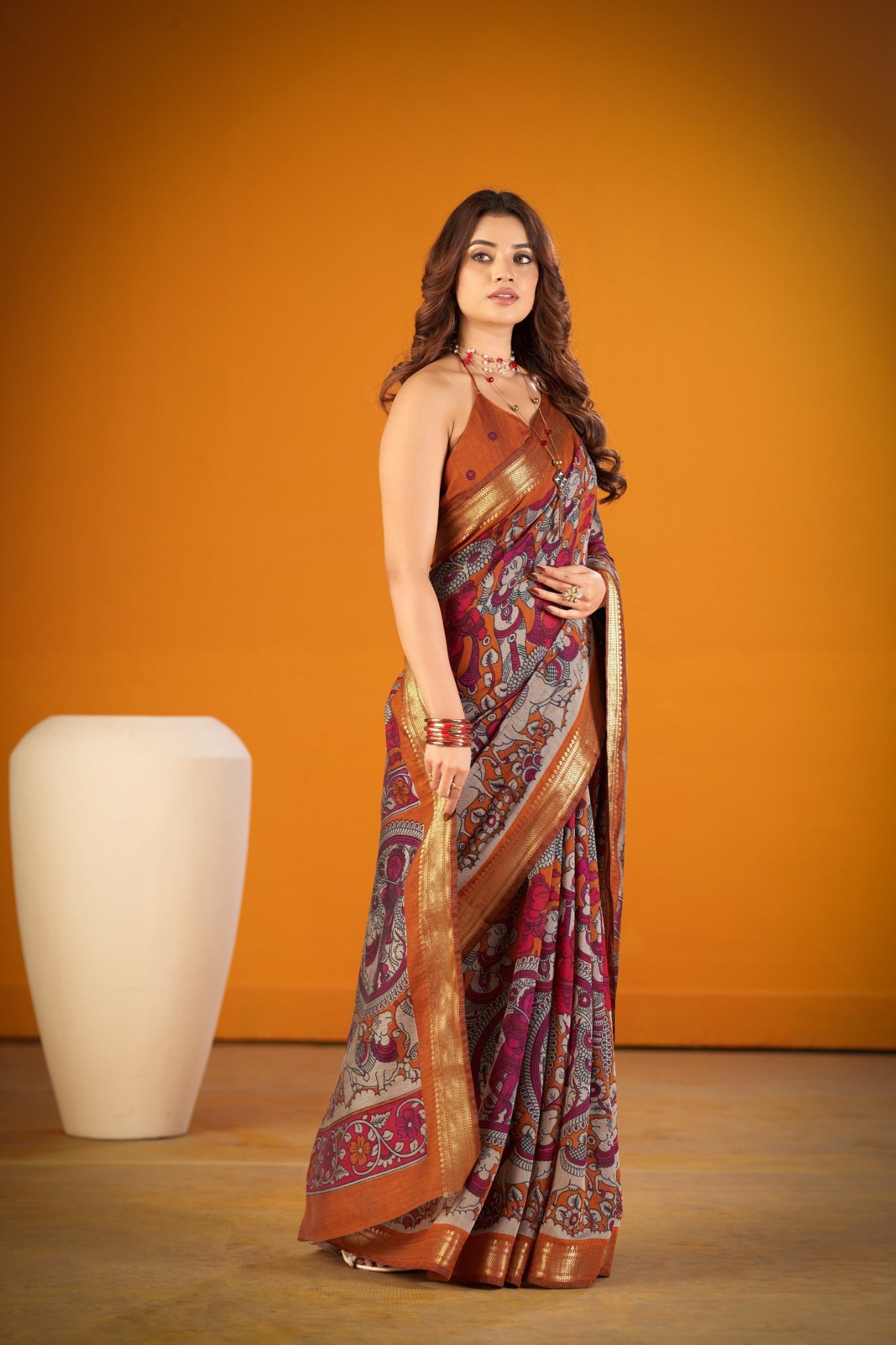 Elegant Kalamkari Chanderi Saree With Rich Zari Woven Border