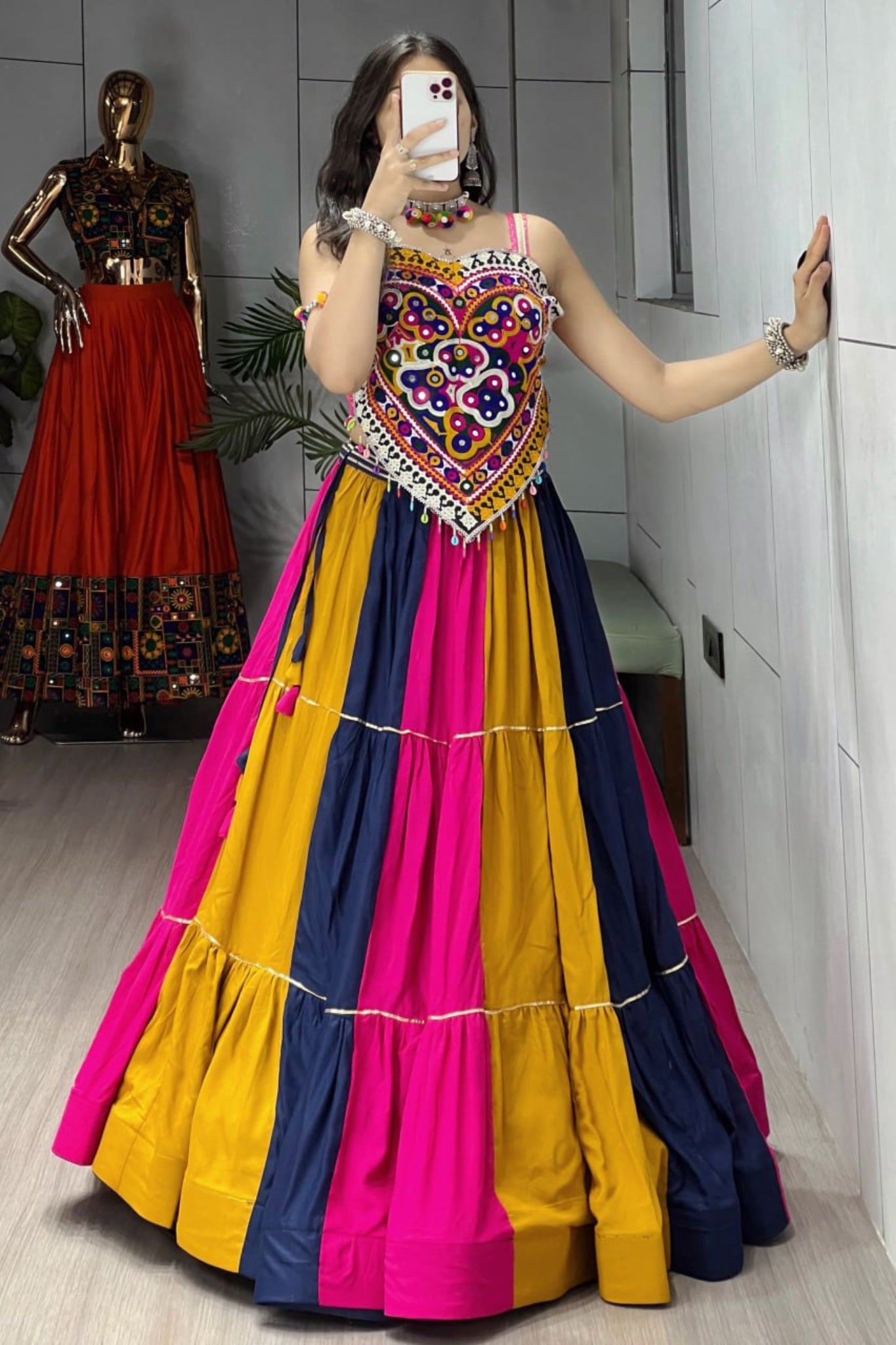 New Multicolor Frilled Pattern Real Mirror Work Navratri Chaniya Choli For Women