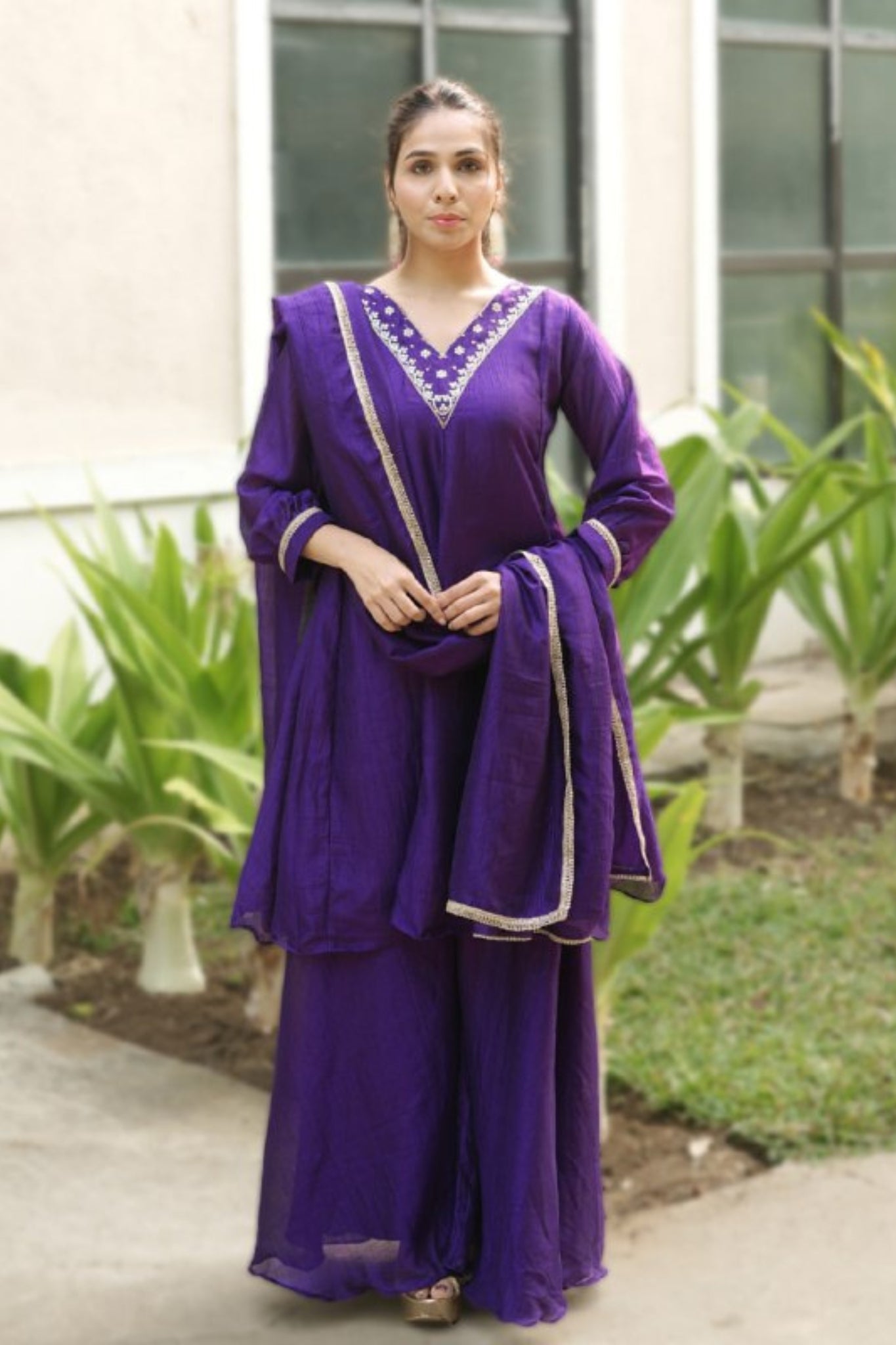 Royal V-Neck Embroidered Palazzo Suit Set With Designer Dupatta For Festive And Wedding Wear