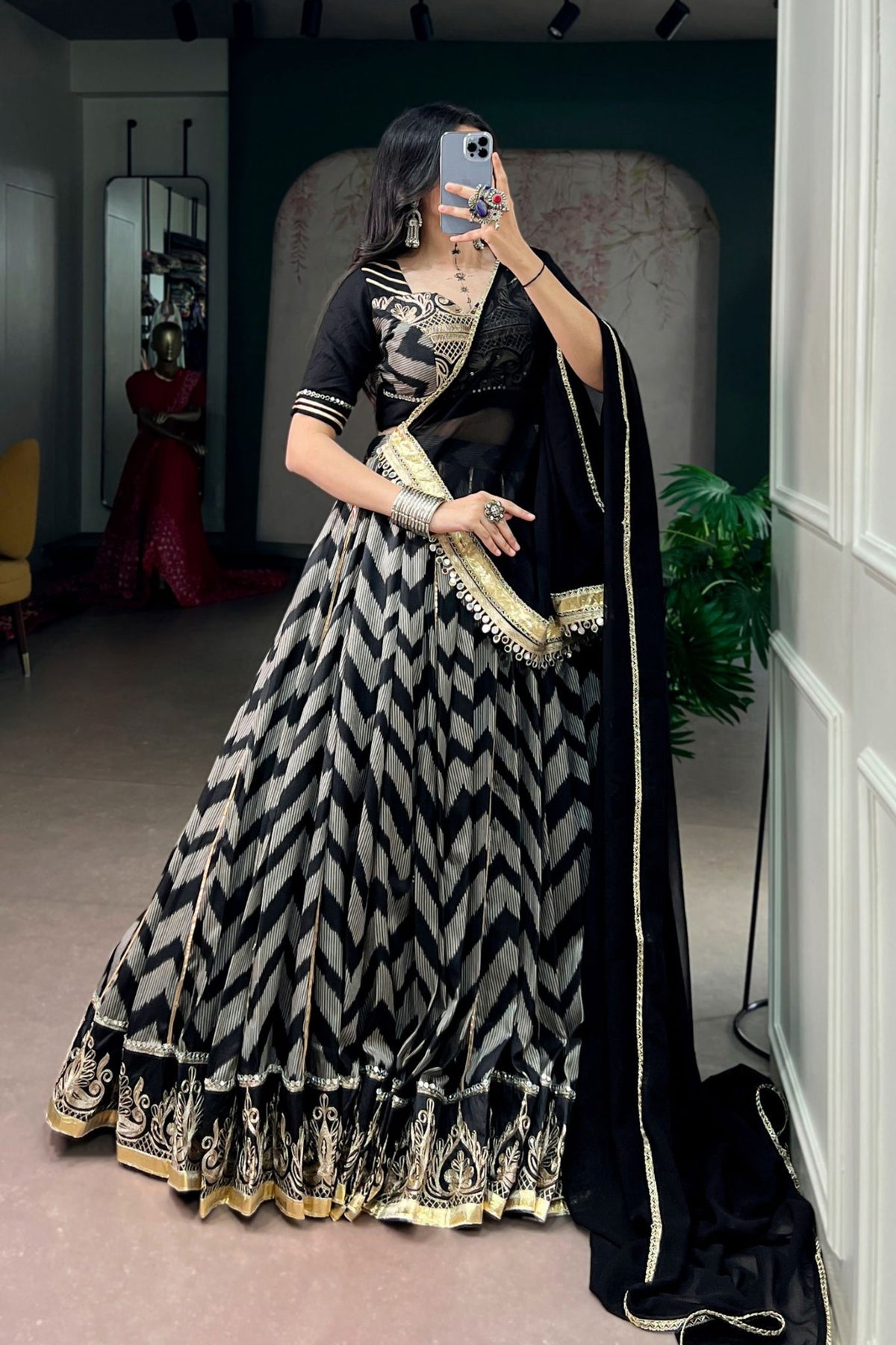 Designer Tasar Silk Mirror Work Navratri Chaniya Choli