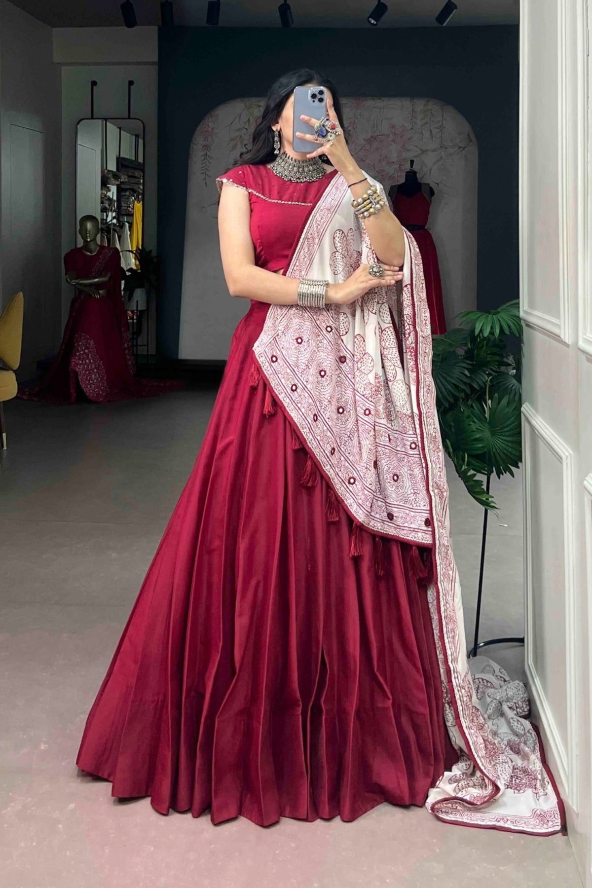 Designer Satin Silk Lehenga Choli With Floral Printed mirror Work Detailing Dupatta