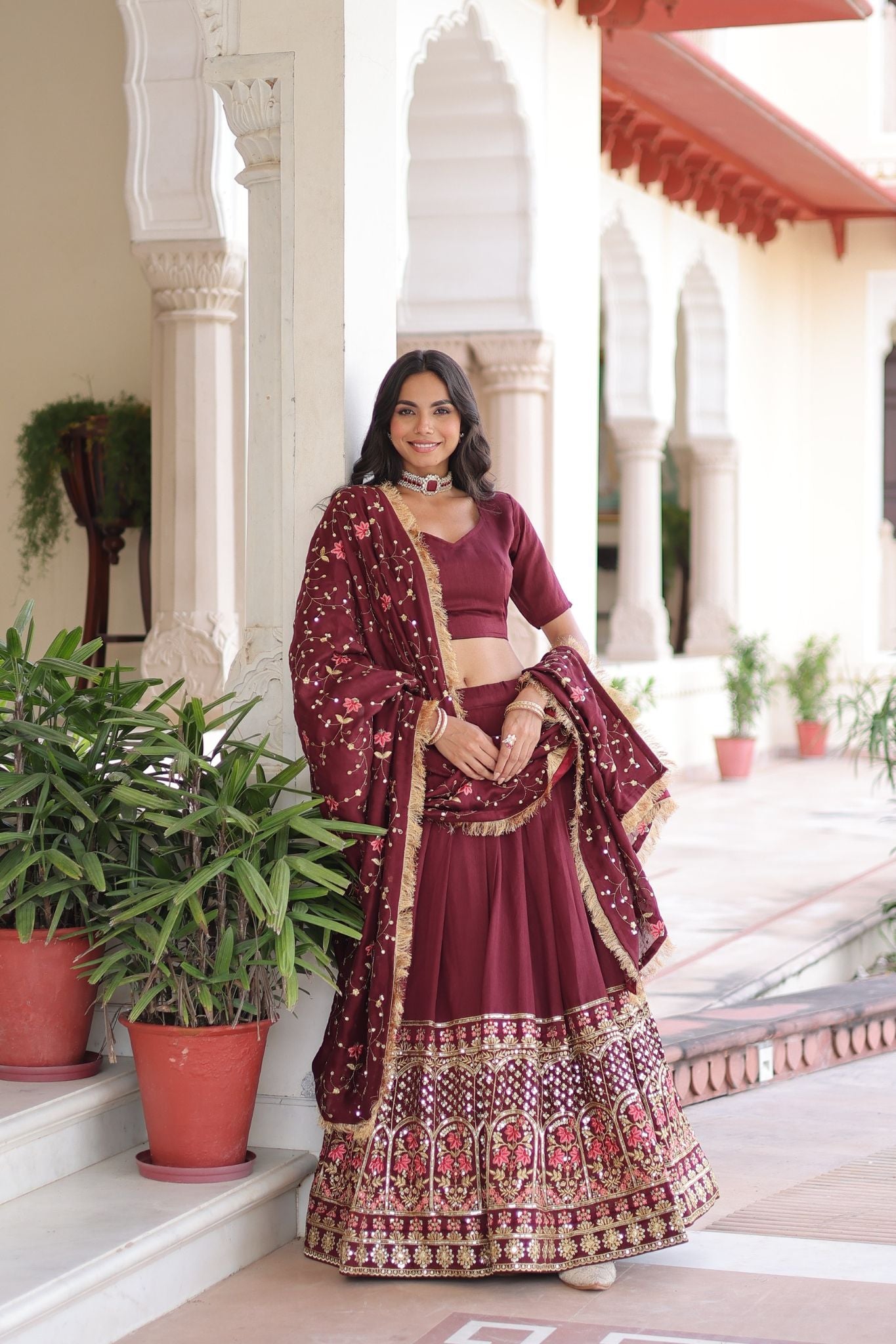 Designer Vichitra Silk Lehenga Choli Set With Sequin Work Thread Embroidery Lace Dupatta