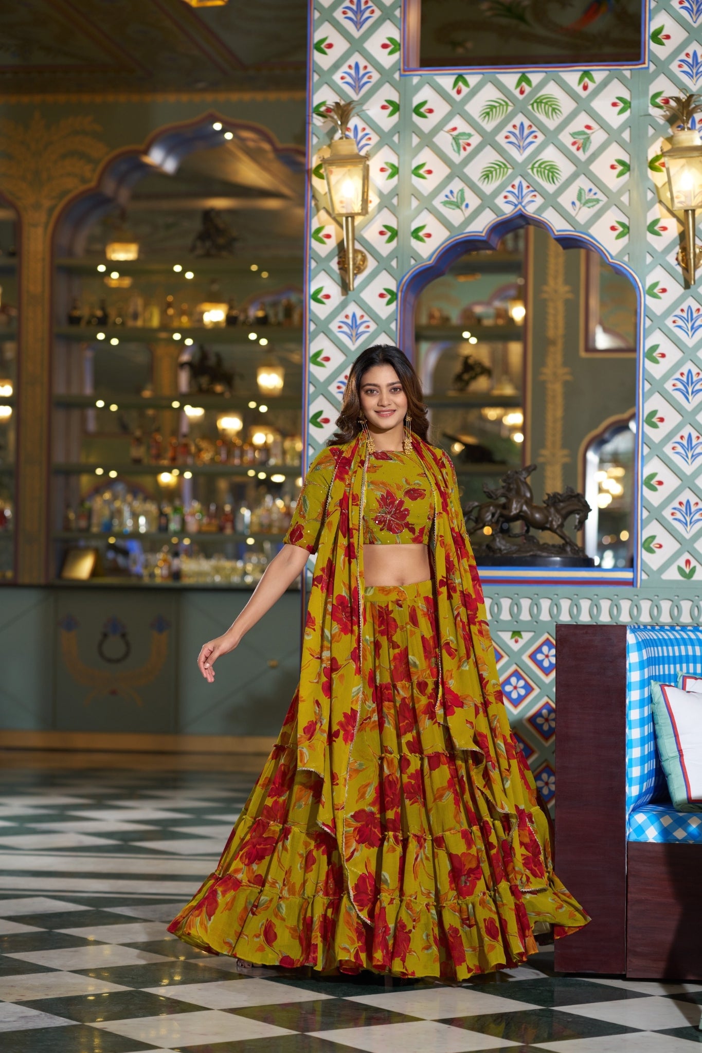 Floral Marble Print Lehenga Choli Set For Women