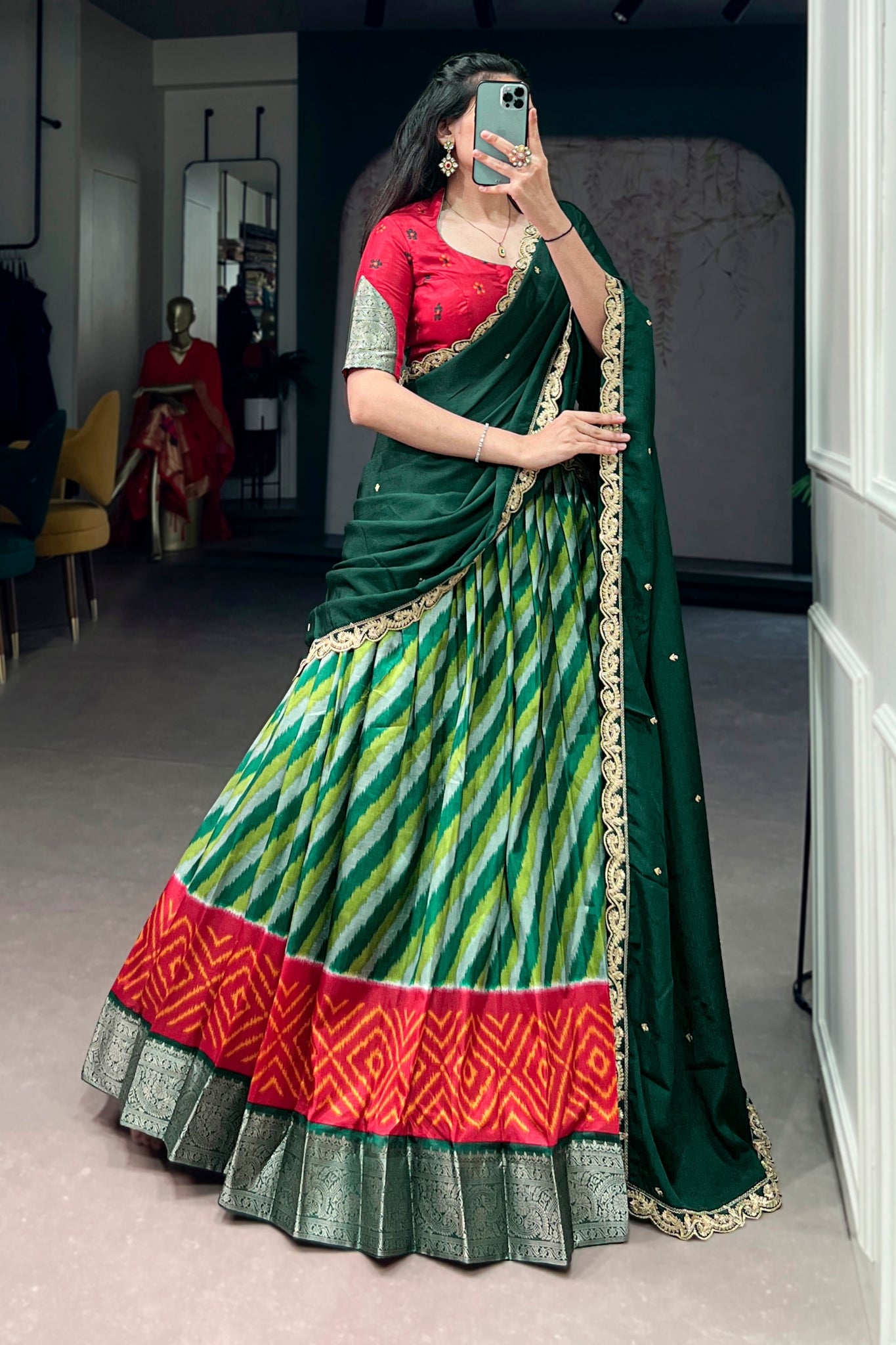 Designer Tasar Silk Leheriya Print Lehenga Choli