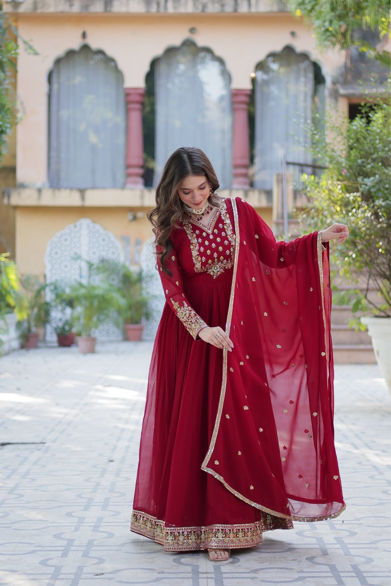 Stunning Georgette Embroidered Beautiful Gown Set