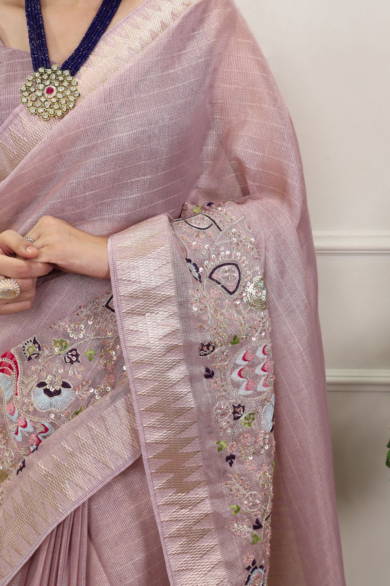 Premium Zari Kota Tissue Saree | Embroidery Beads Work Zari Weaving Border