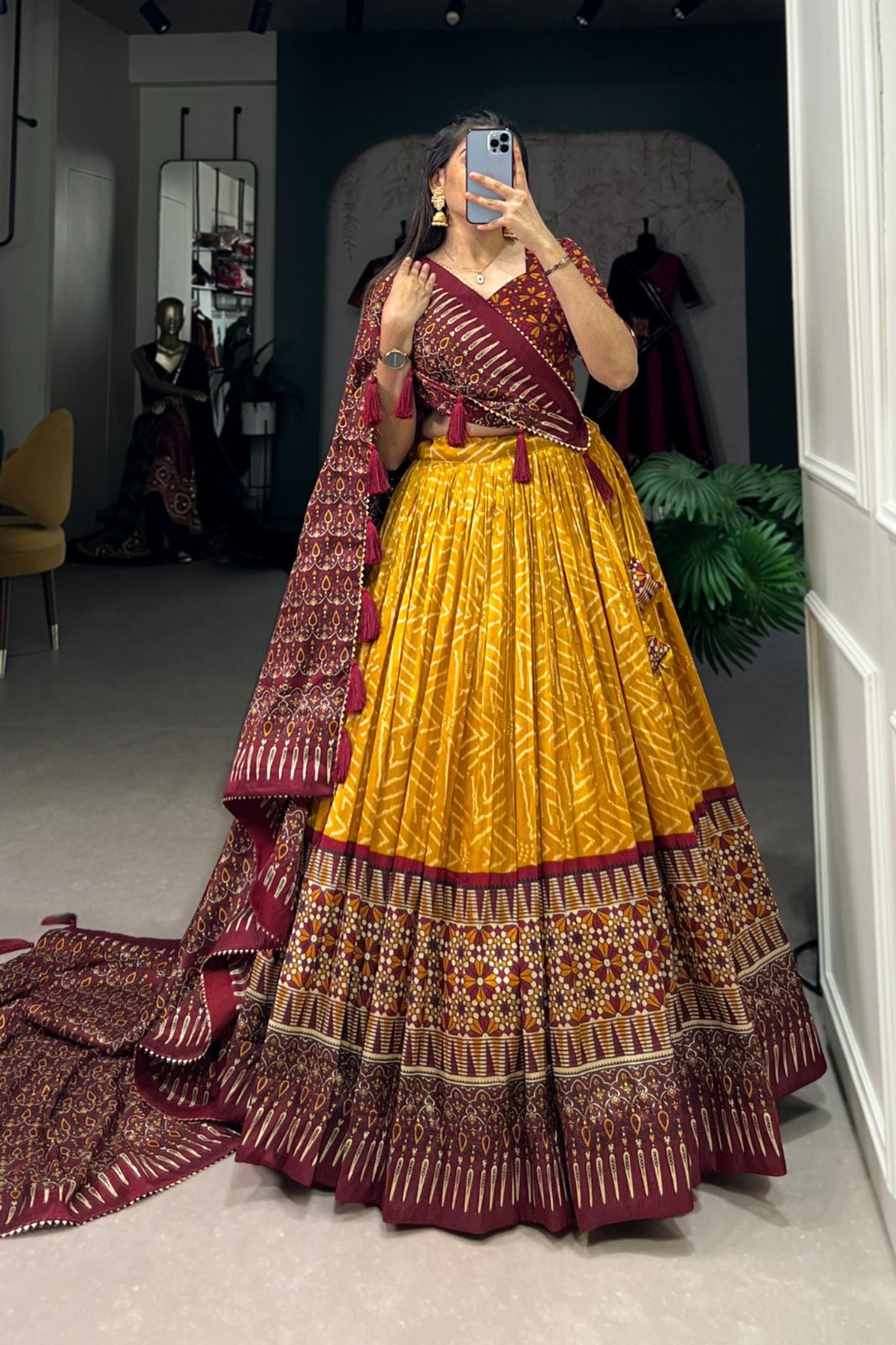 Bandhej With Ajarakh Print Silk Lehenga Choli