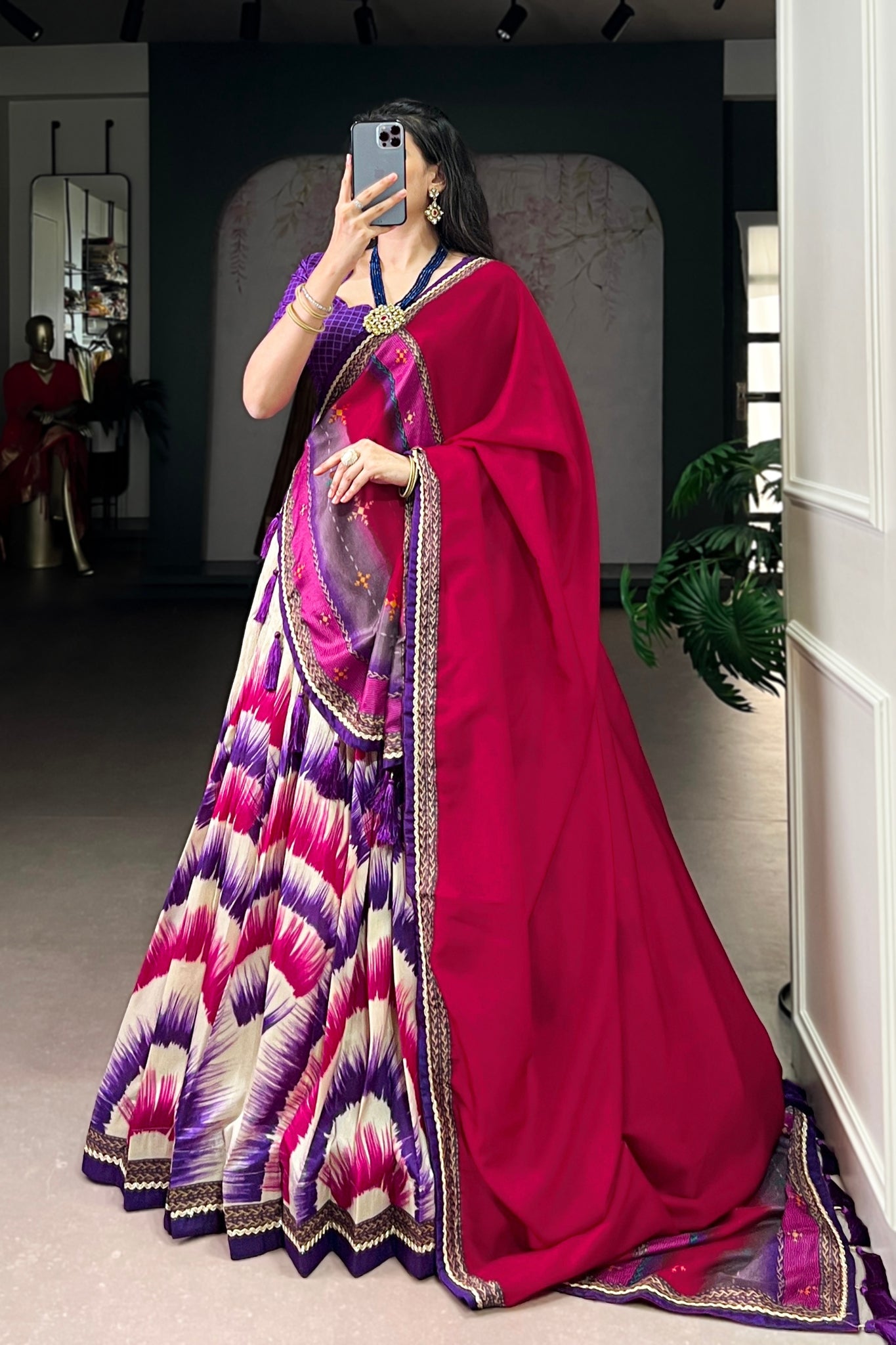 Tasar Silk Tie Dye Lehenga Set With Printed Dupatta And Chex Blouse