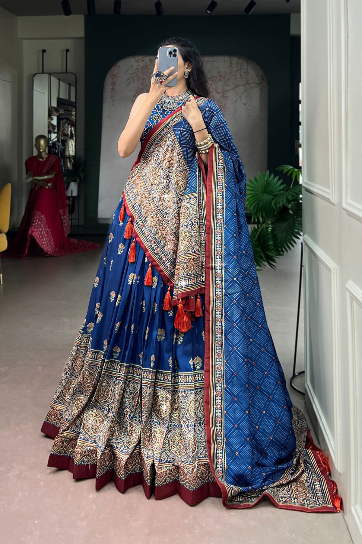 Designer Tasar Silk Ajrak Print Navratri Lehenga Choli