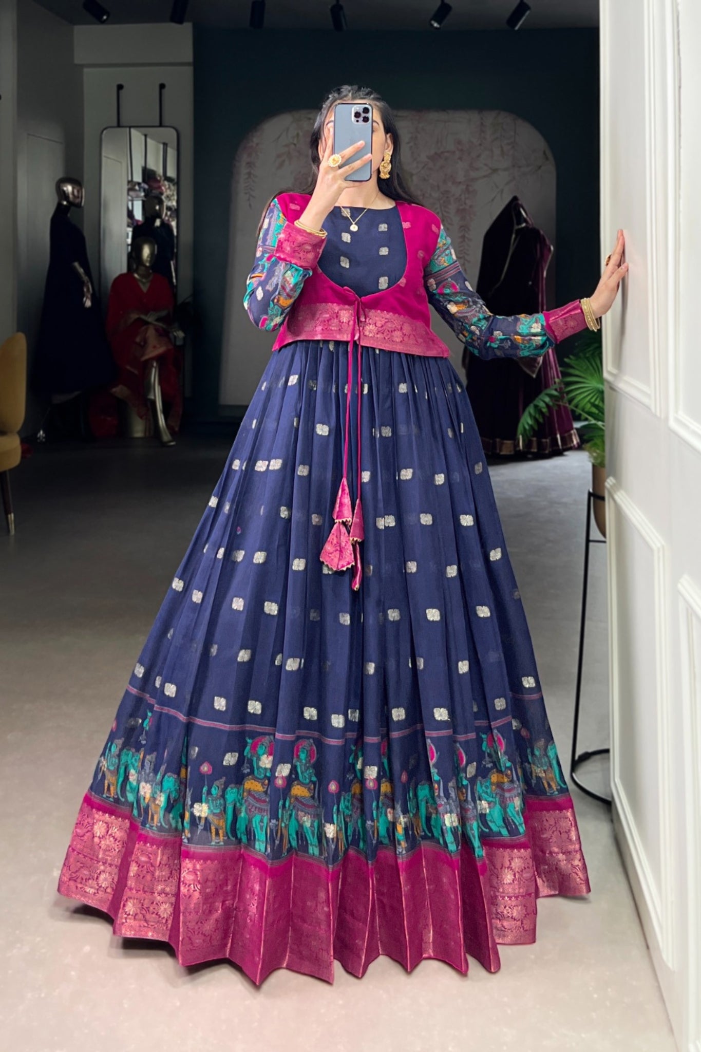 Kalamkari Printed Poly Cotton Zari Weaving Work Designer Gown