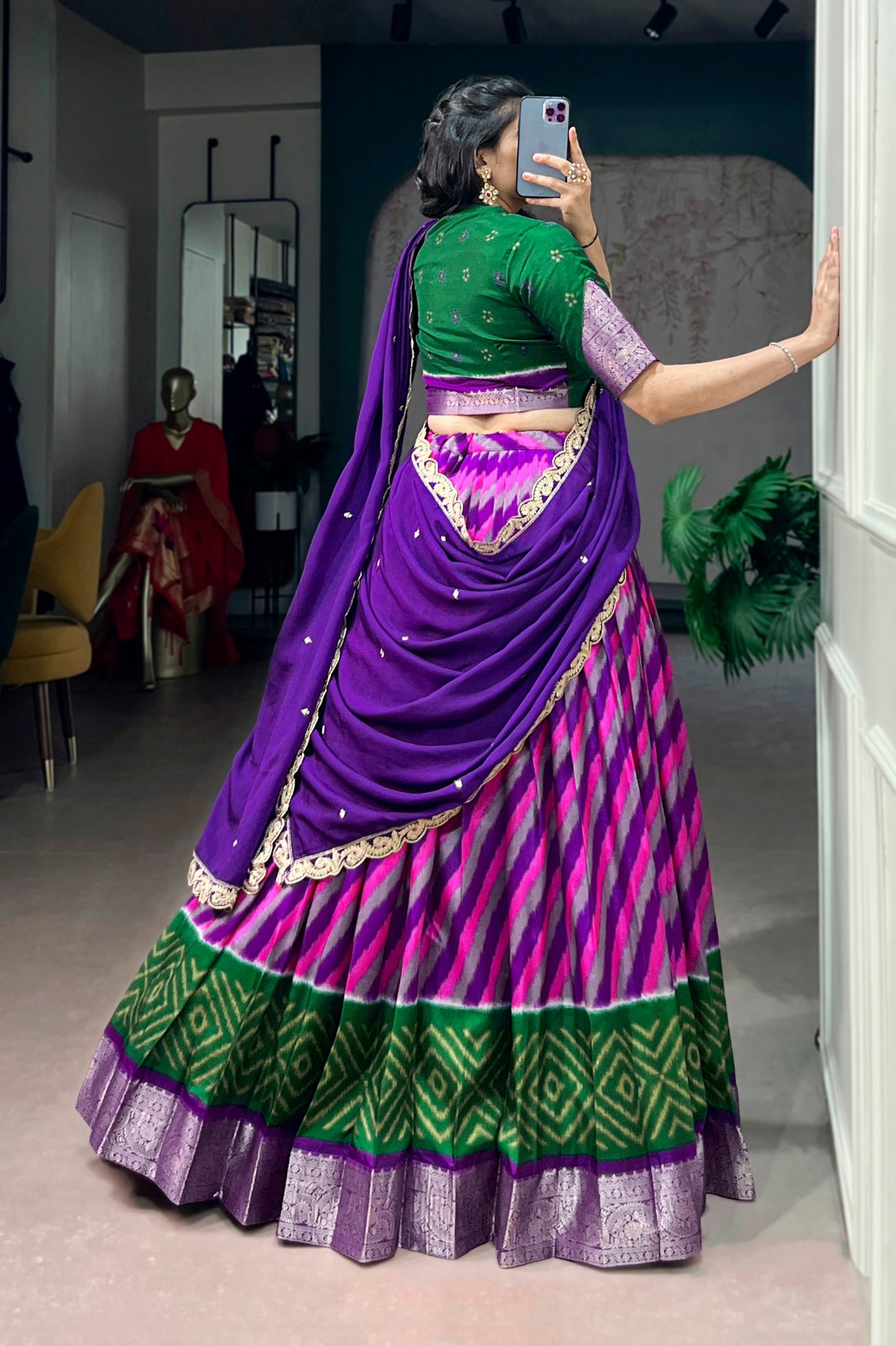 Designer Tasar Silk Leheriya Print Lehenga Choli