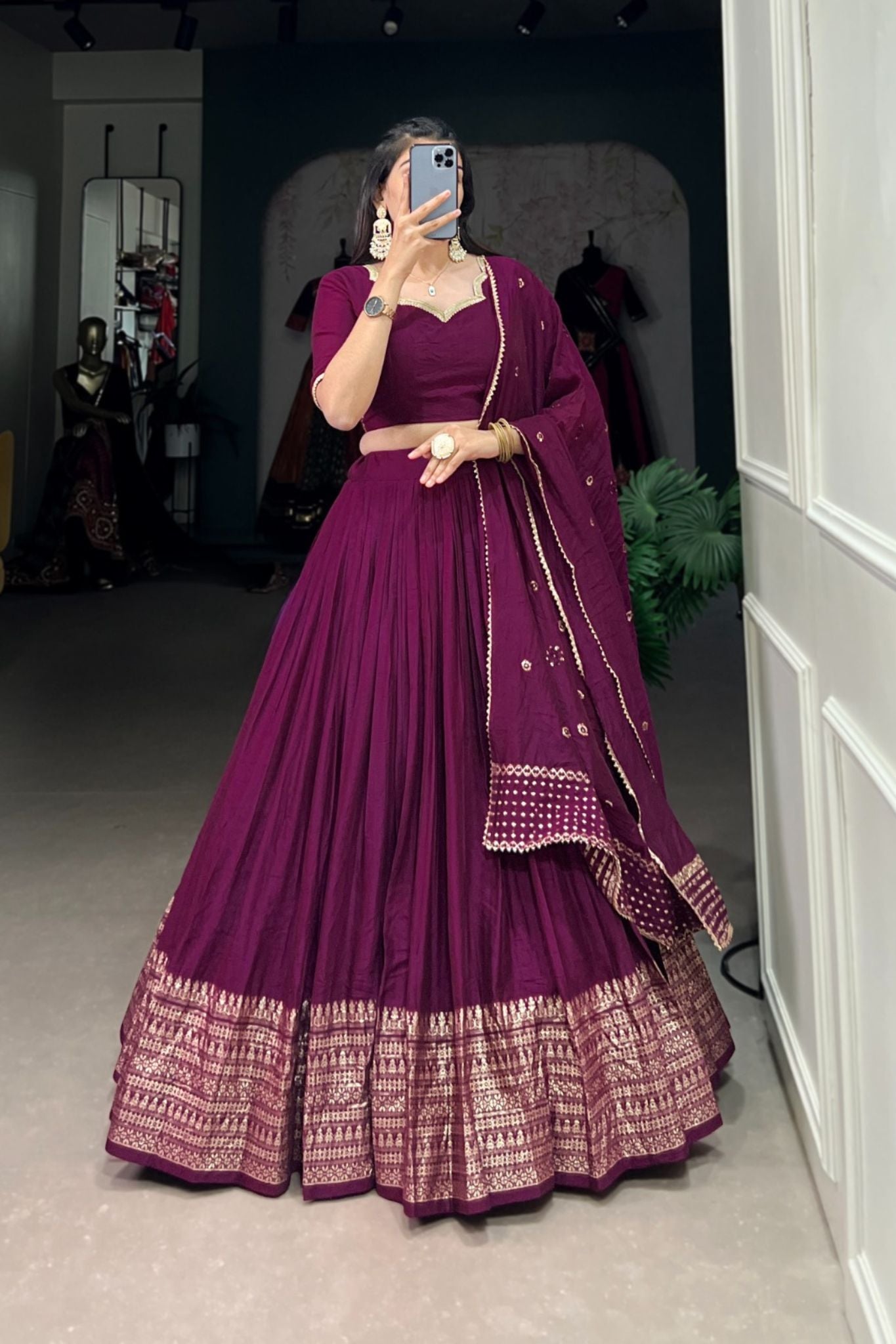 Pure Chanderi Plain With Zari Weaving Work Lehenga Choli