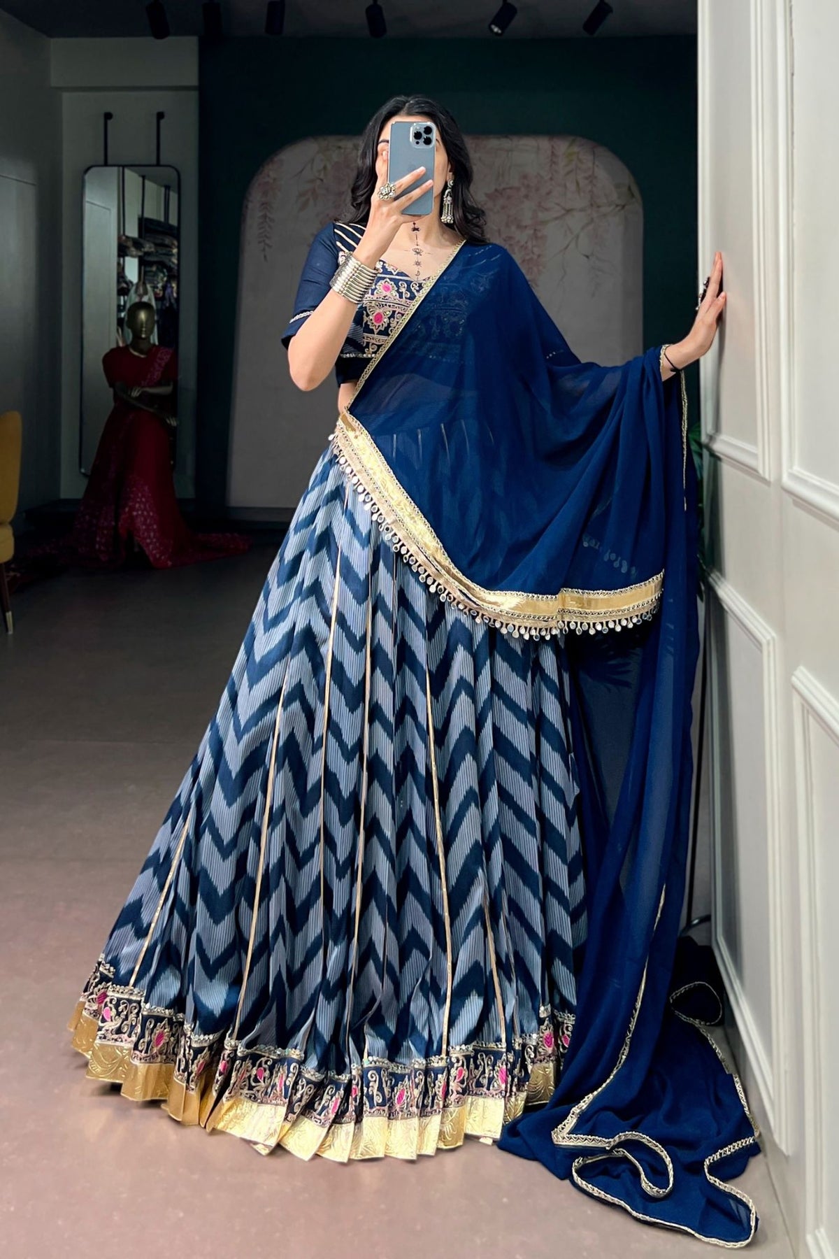 Designer Tasar Silk Mirror Work Navratri Chaniya Choli