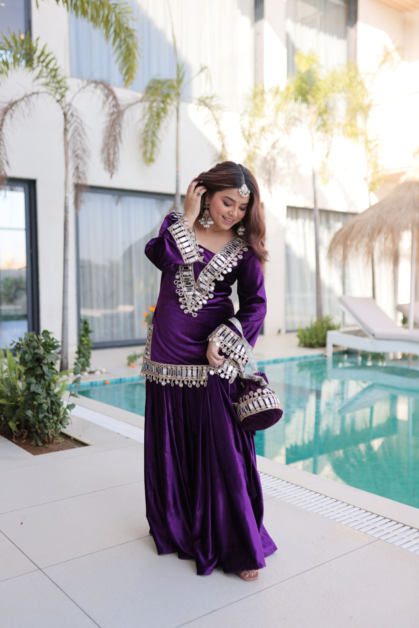 Royal Ice Velvet Zari And Mirror Embroidered Luxury Co Ord Set With Batwa