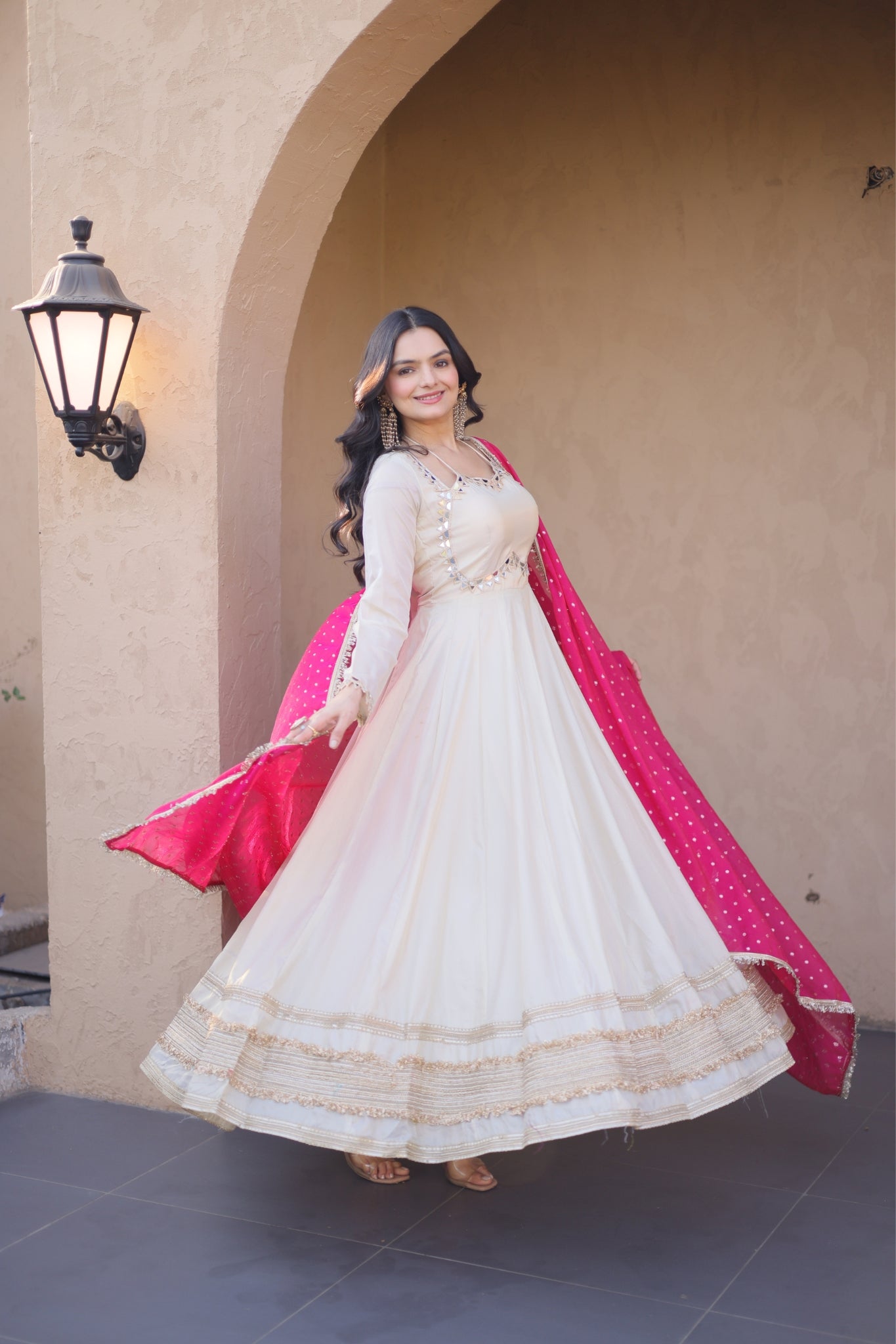 Cosmos Real Mirror Work Designer Embroidered Anarkali Gown With Dupatta