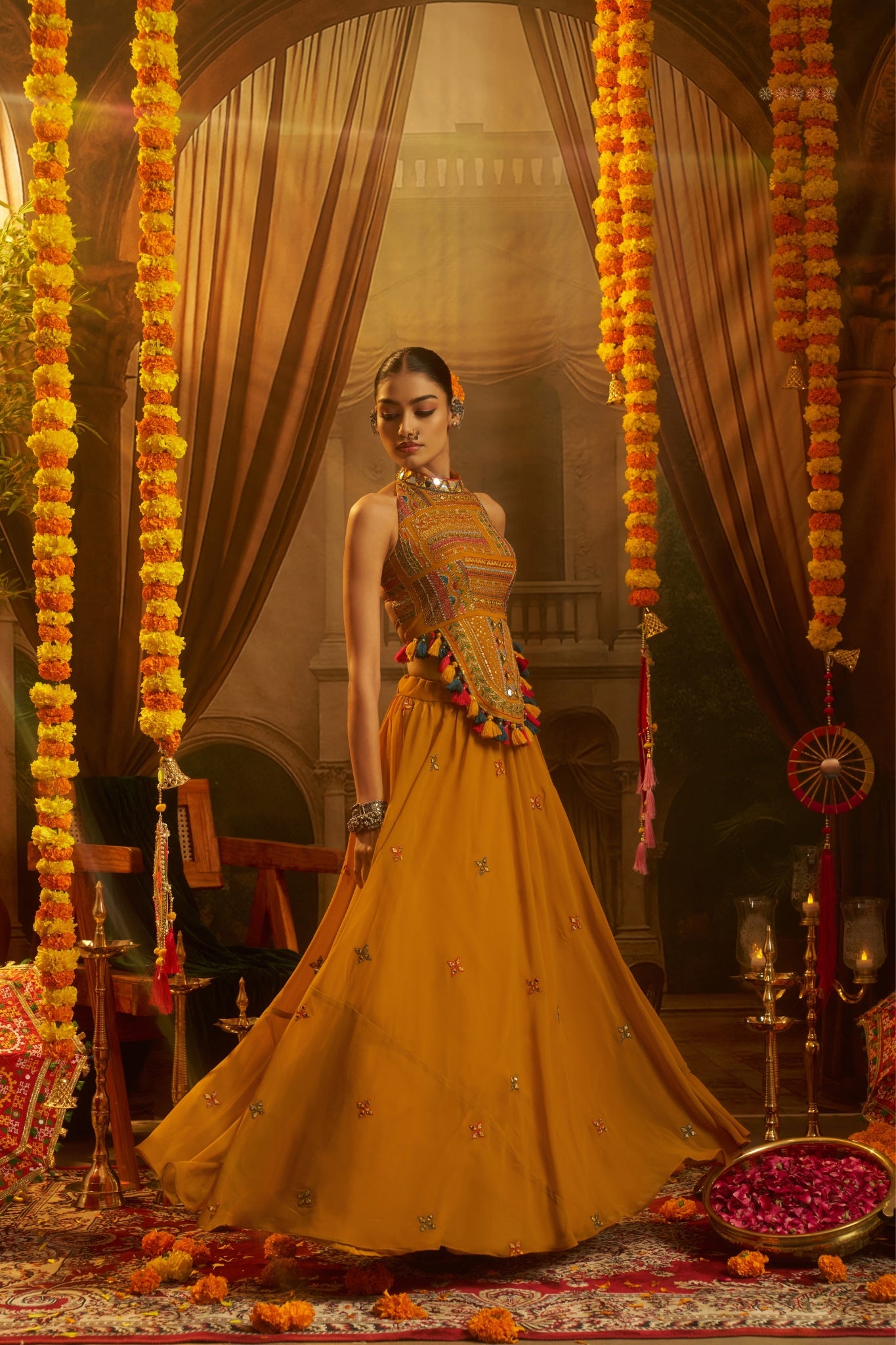 Raasrang Mustard Yellow Georgette Designer Lehenga Choli With Mirror Work Halter Blouse