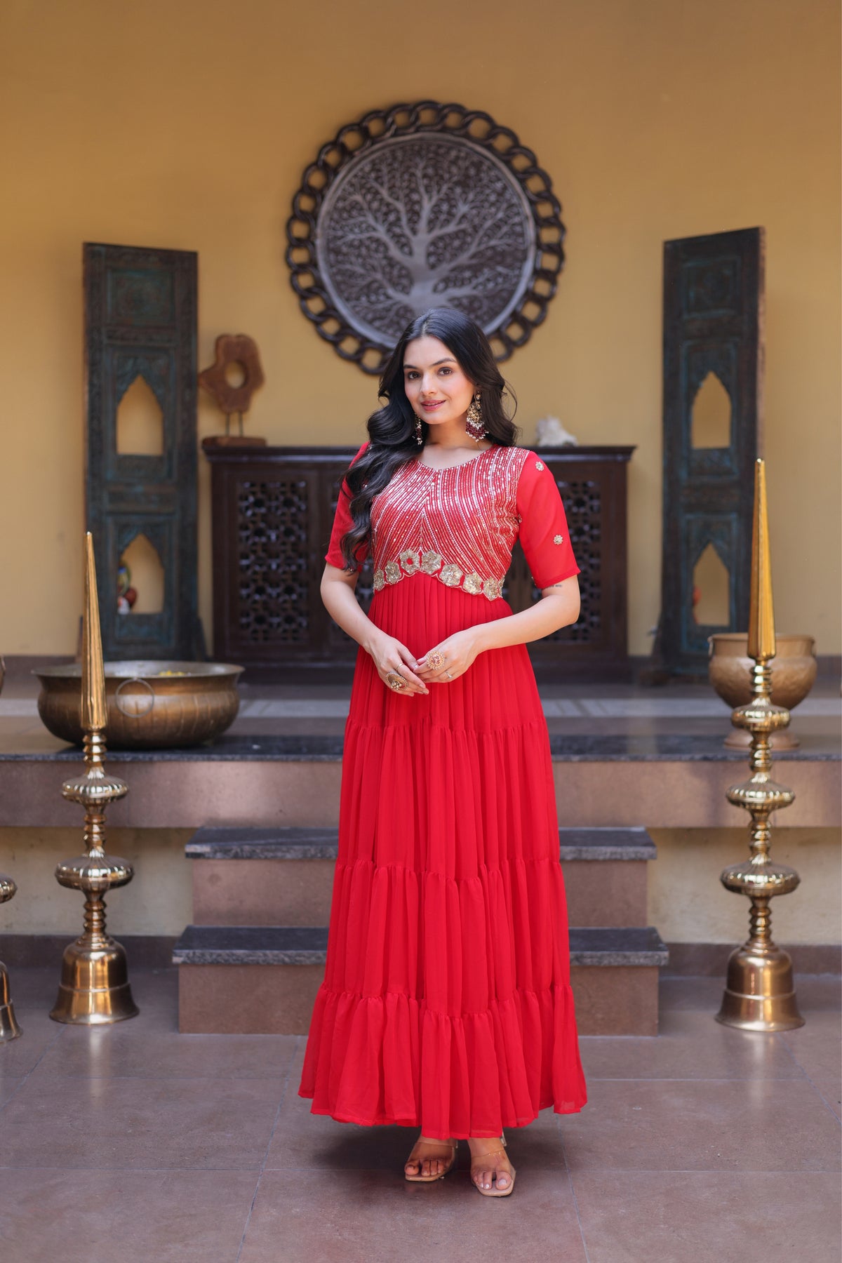 Rani Pink & Red Faux Blooming Designer Sequins Embroidered Tiered Flared Anarkali Gown