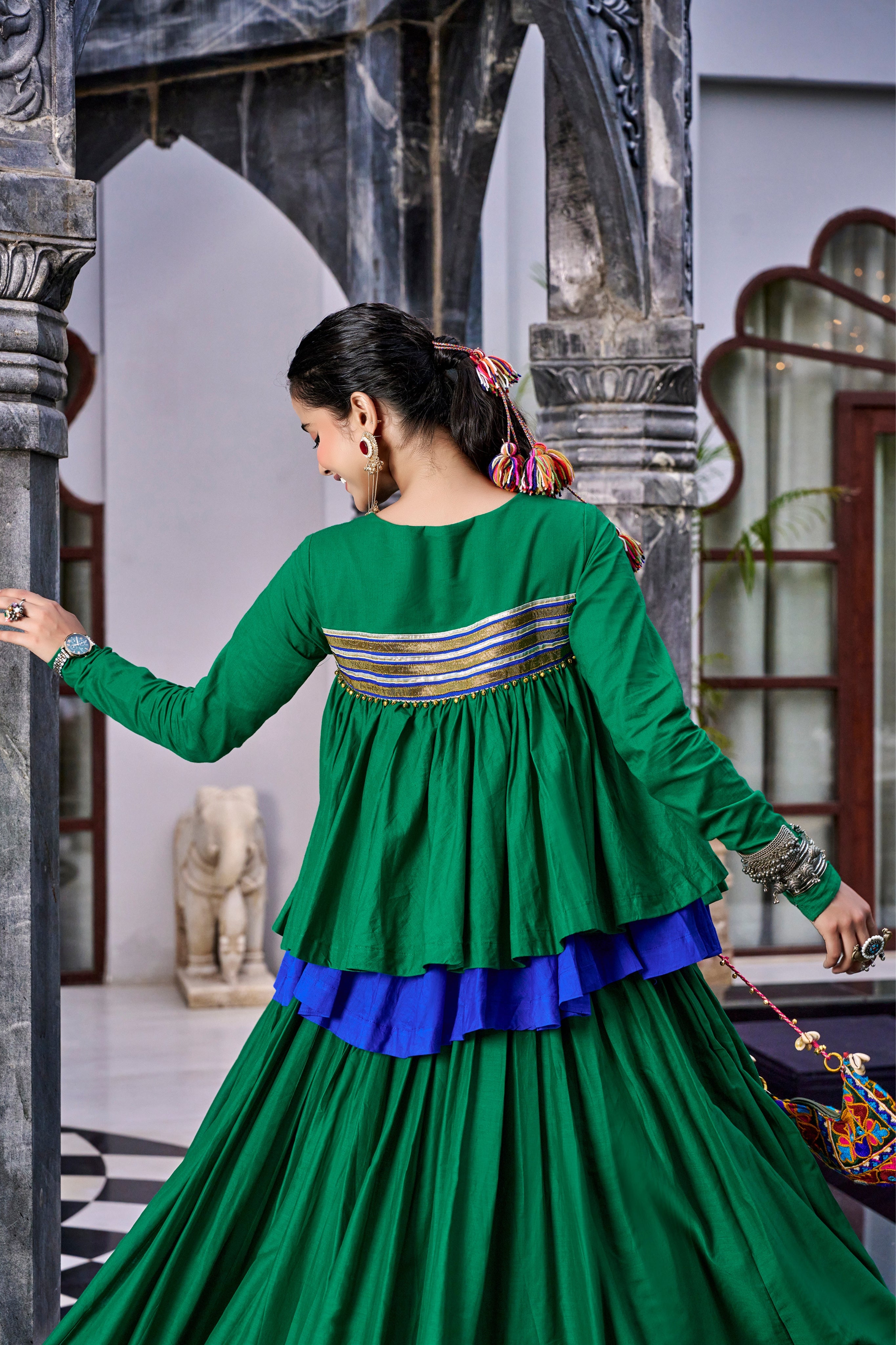 Green & Royal Blue Ruffle Tiered Pure Cotton Designer Navratri Garba Chaniya Choli