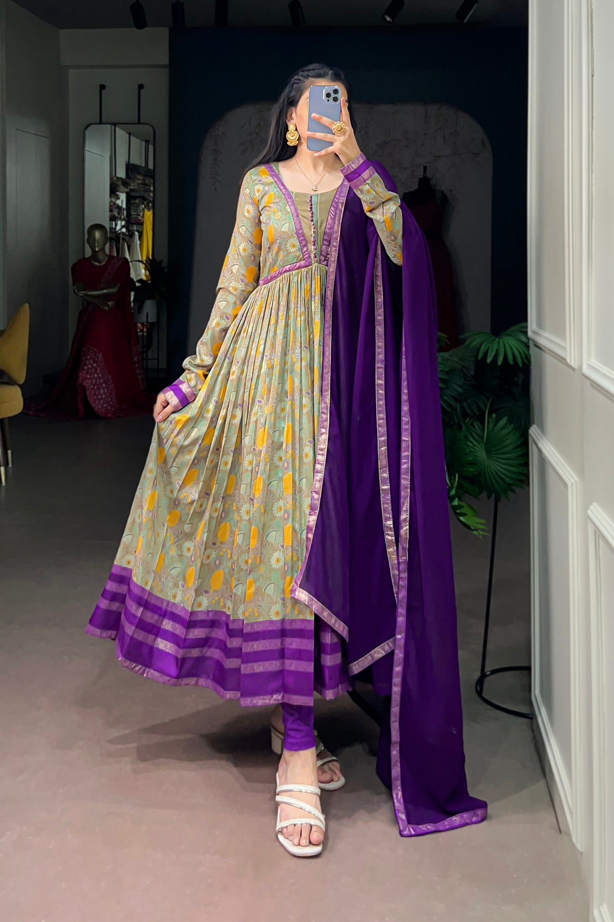 Tasar Silk Floral Print Anarkali Dress with Foil Work & Georgette Lace Border Dupatta
