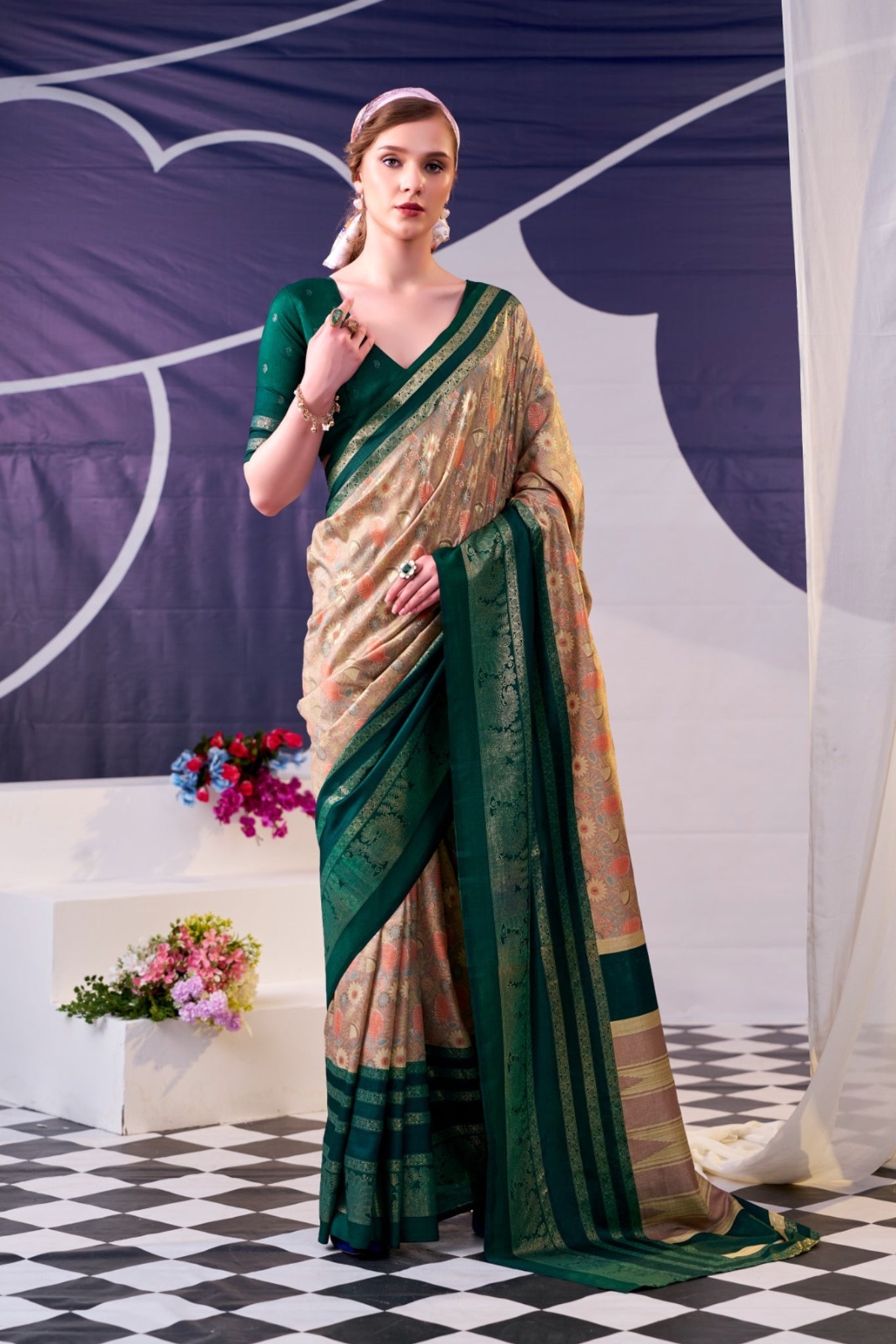 Elegant Floral Woven Designer Saree With Rich Contrast Border