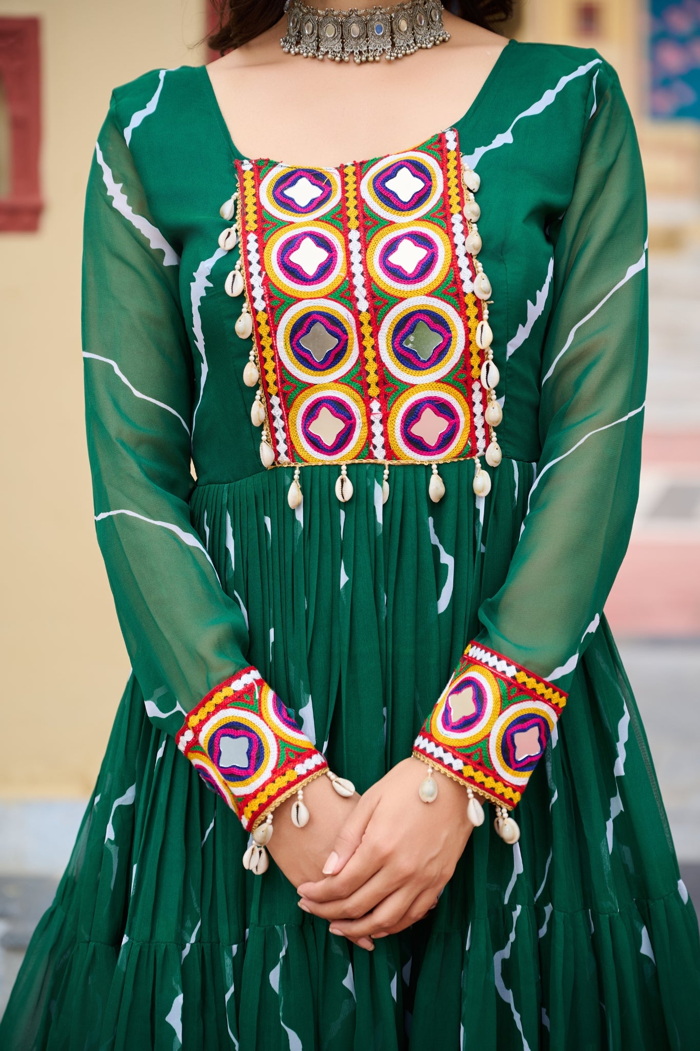 Stunning Laheriya Print With Kutchi Patch Work Georgette Stylish Navratri Gown