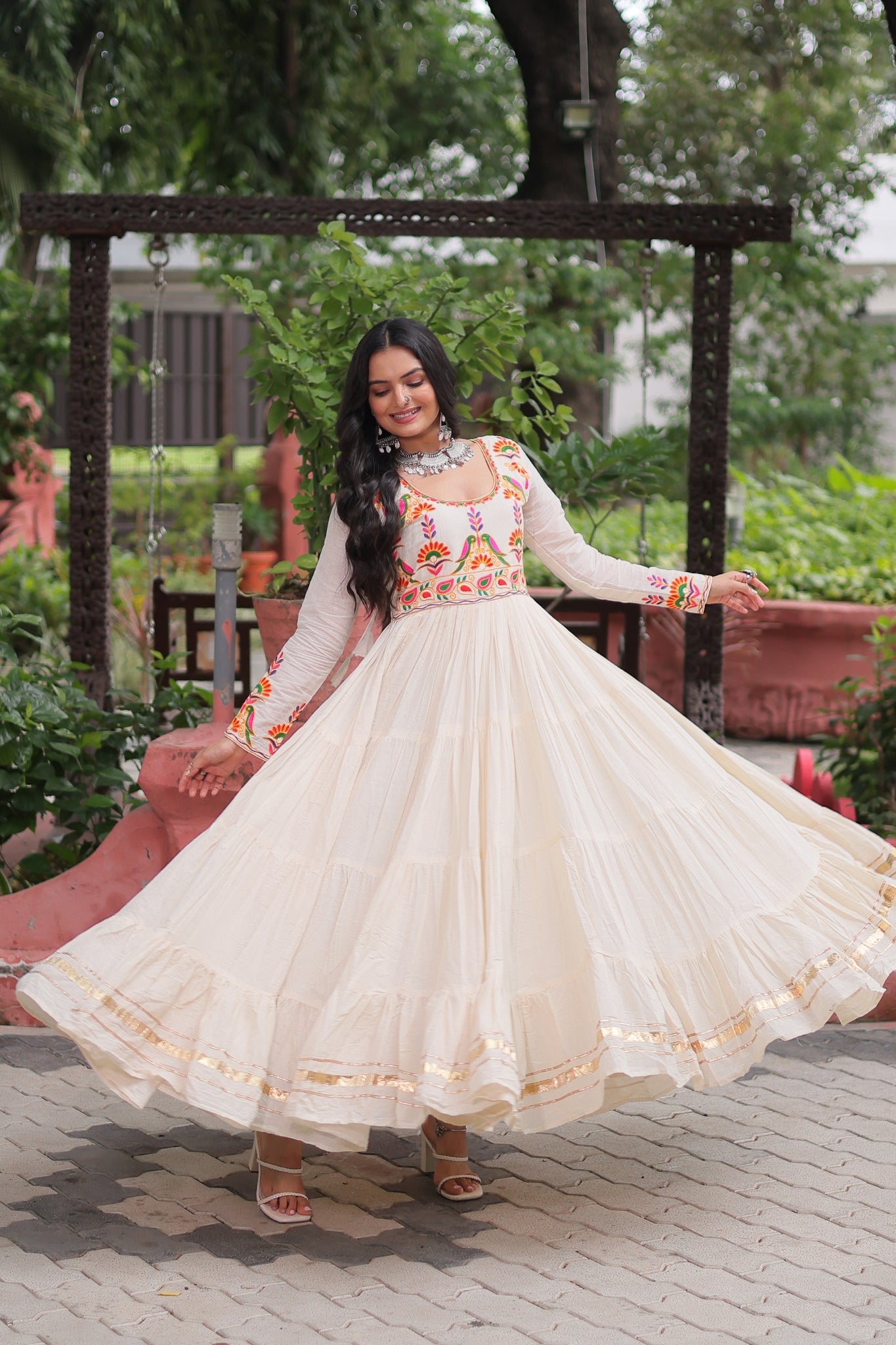 Off White Navratri Designer Multi Thread Embroidered With Gota Patti Work Cotton Gown