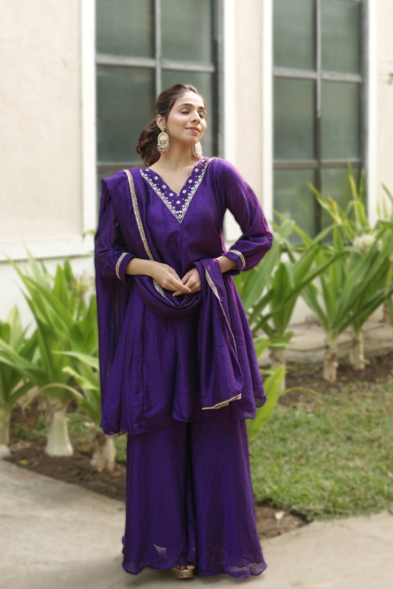 Royal V-Neck Embroidered Palazzo Suit Set With Designer Dupatta For Festive And Wedding Wear