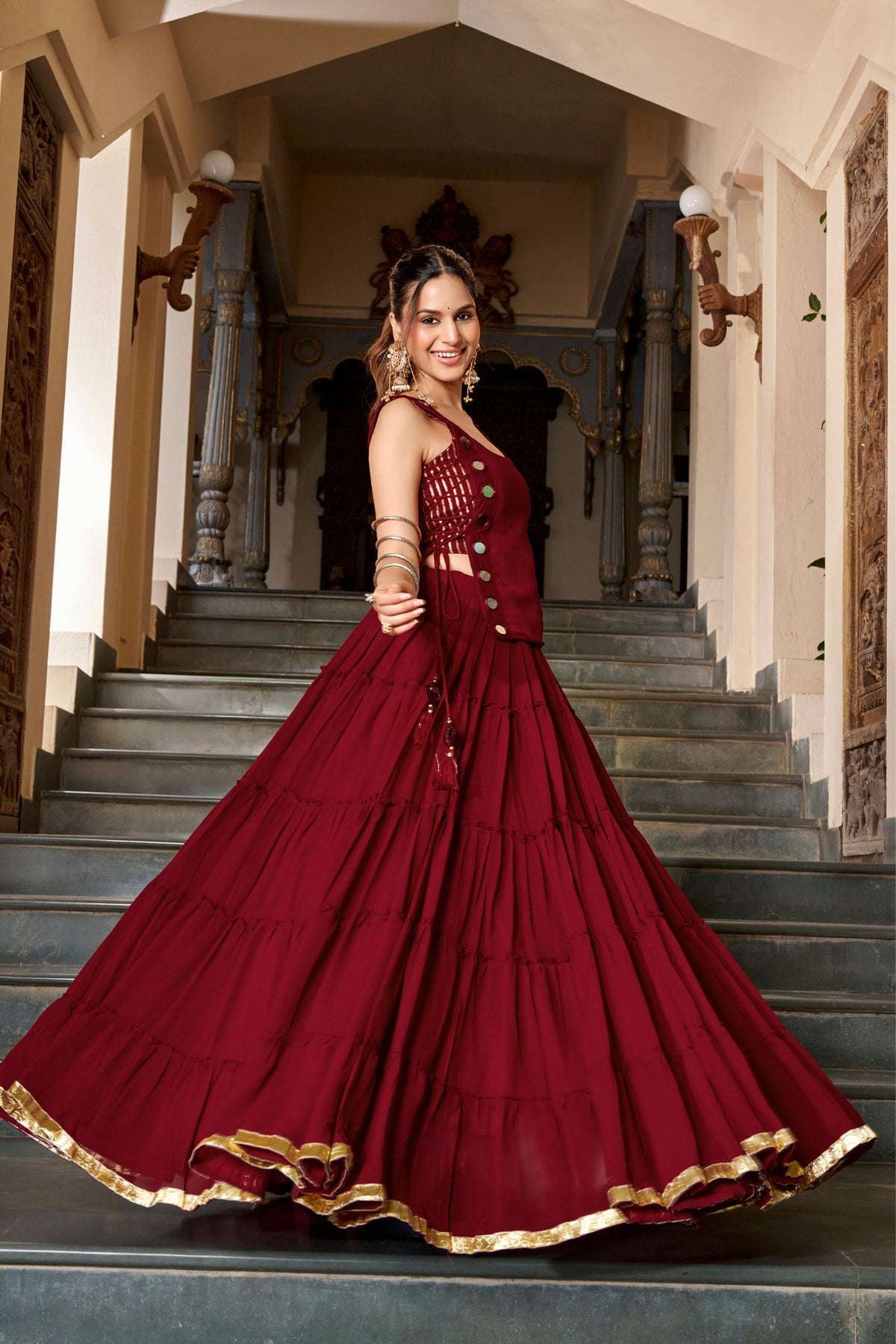14 Meter Full Gher Navratri Showstopper Lehenga Choli With Mirror Koti