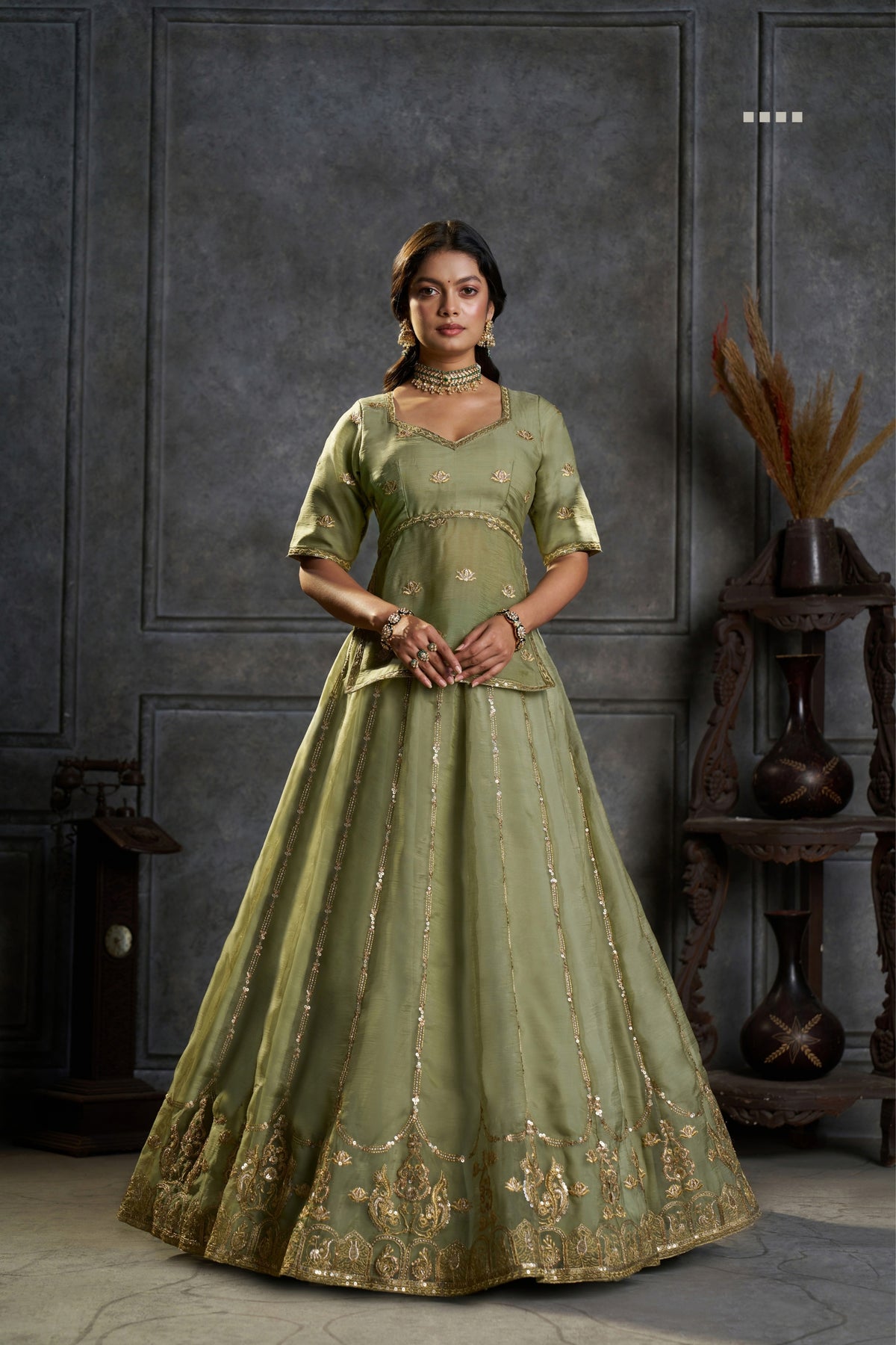 Pure Organza Embroidered Designer Sage Green Wedding & Festive Lehenga Choli With Sequin Work Dupatta