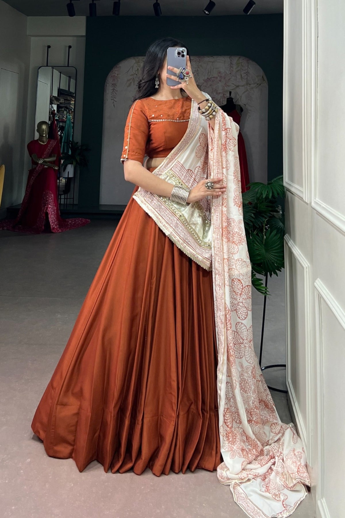 Designer Satin Silk Lehenga Choli With Floral Printed mirror Work Detailing Dupatta