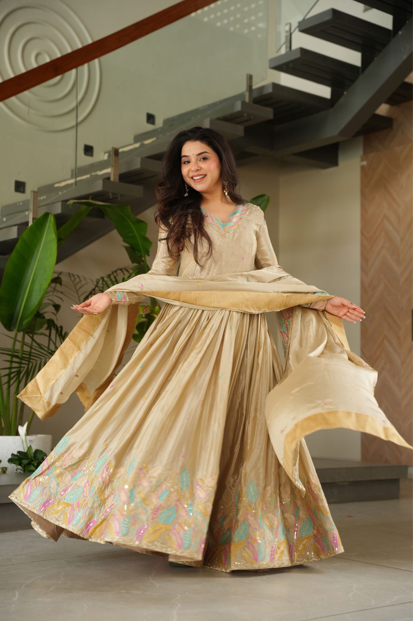 Premium Multi Thread Embroidered Work Stylish Gown With Dupatta Set